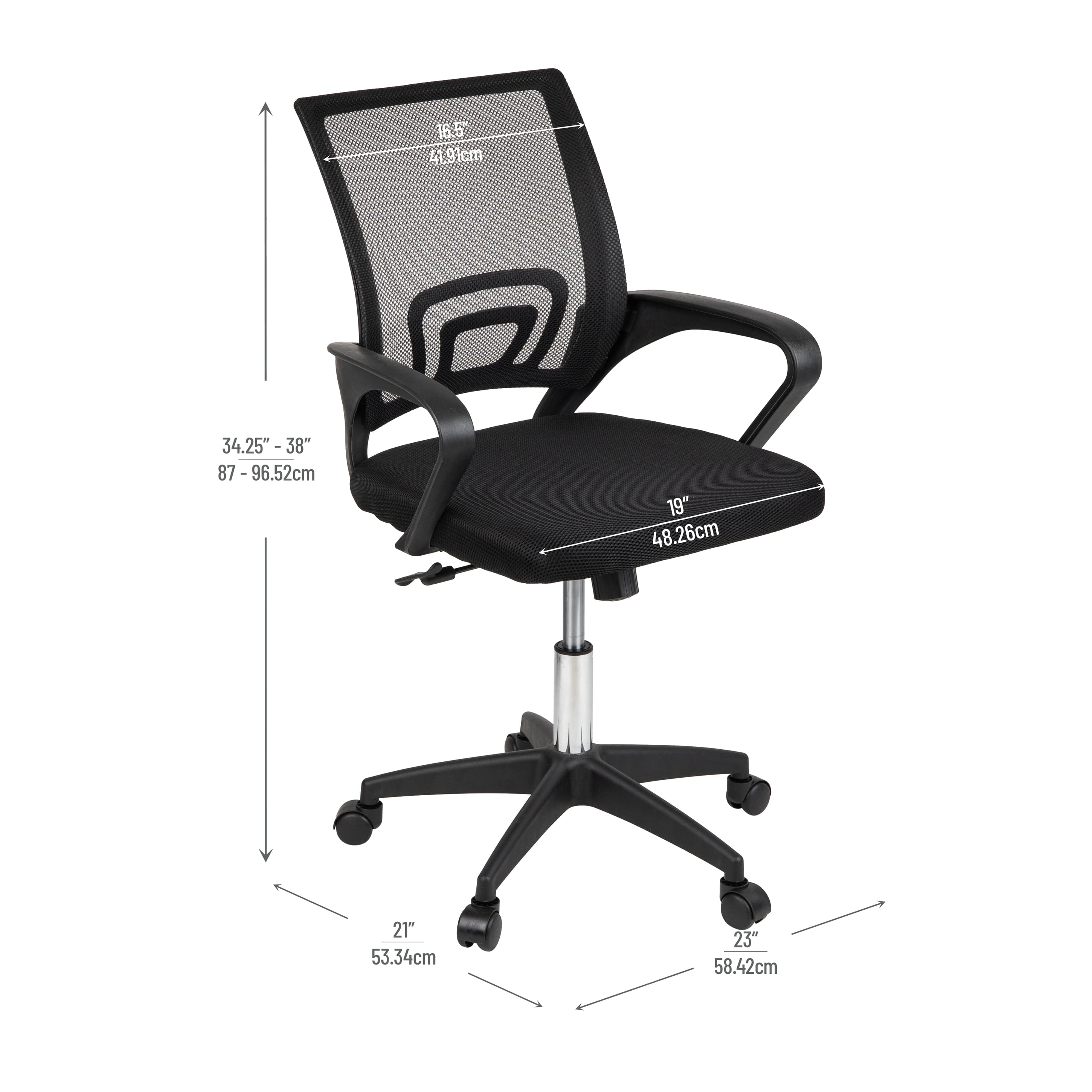 Mind Reader Office Chair with Wheels, Height Adjustable, Desk Chair, Office, 23"L x 21"W x 34.25-38"H, Black