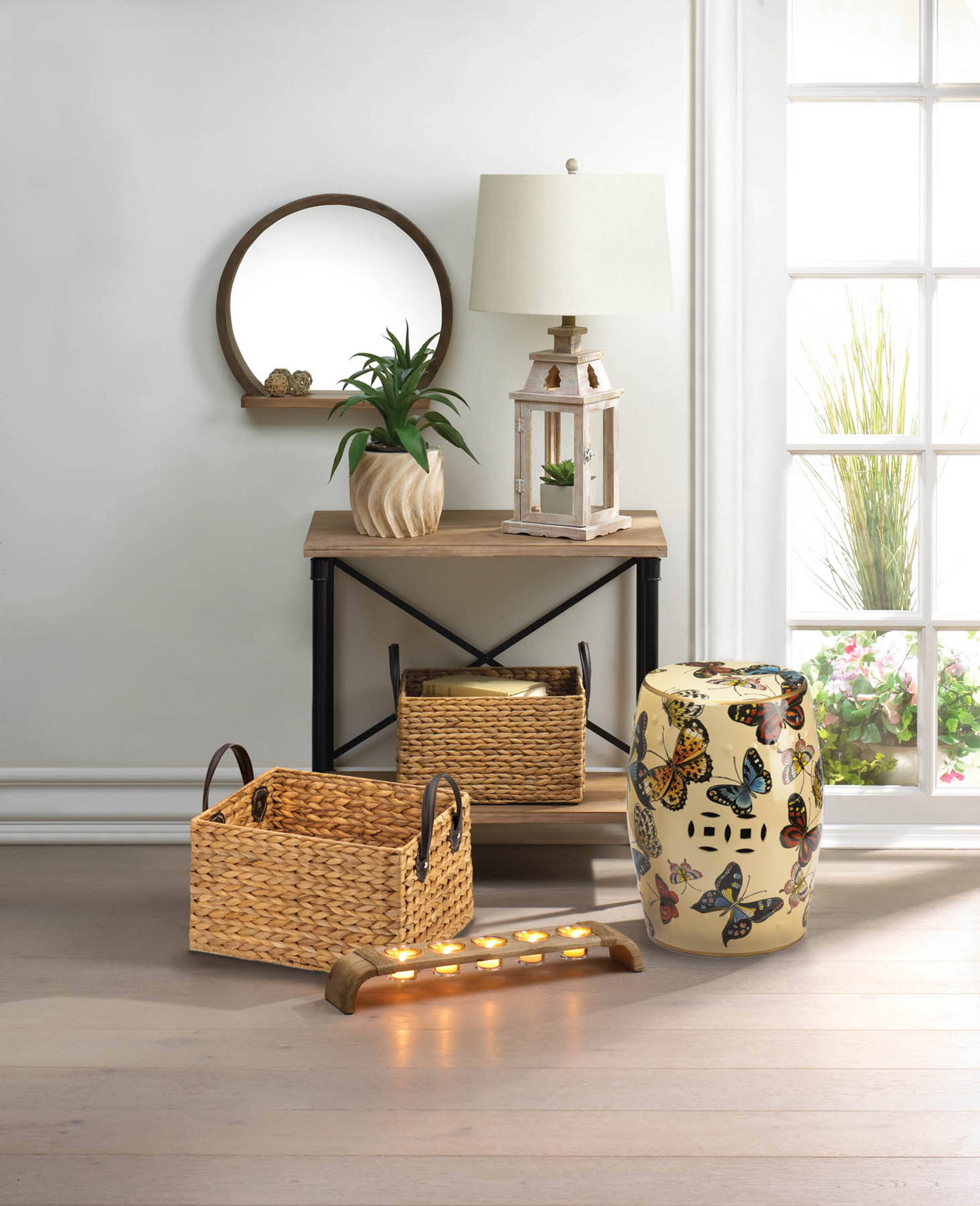 Round Wooden Mirror with Shelf