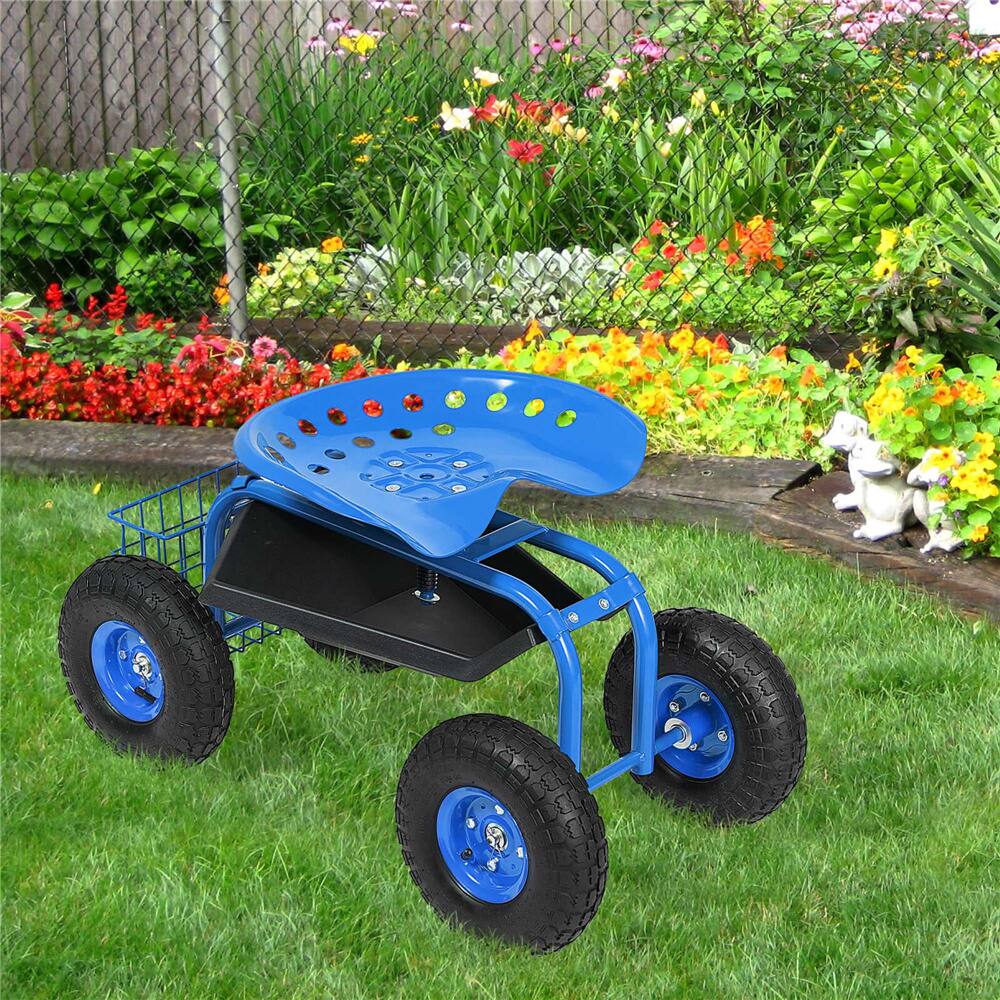 Costway Blue & Black Heavy Duty Garden Cart Rolling Work Seat Garden Planting with Tool Tray
