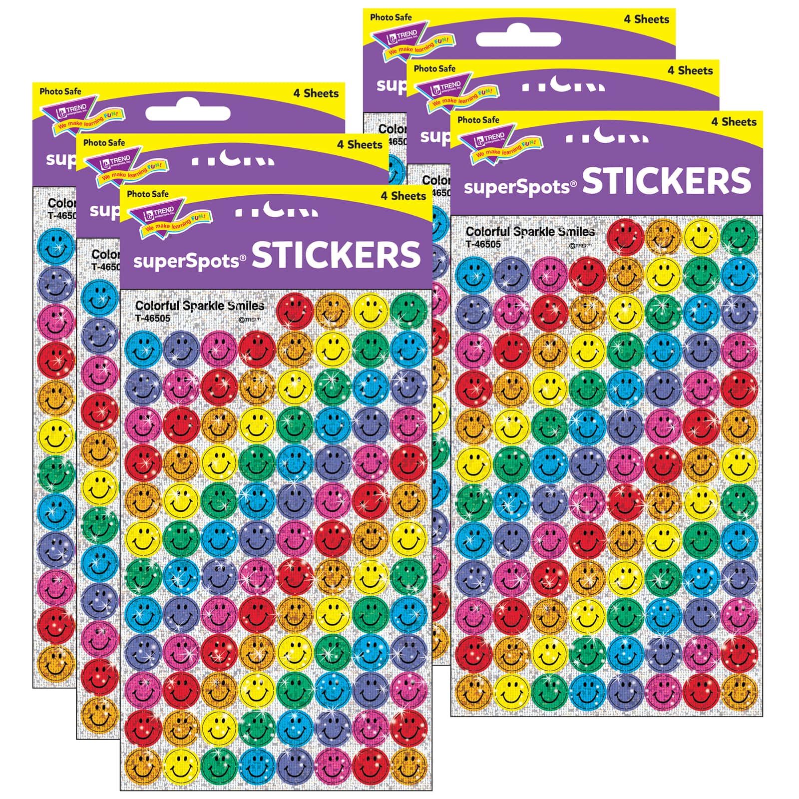 Trend Enterprises® superSpots® Colorful Smiles Sparkle Stickers, 6 Packs of 400ct.