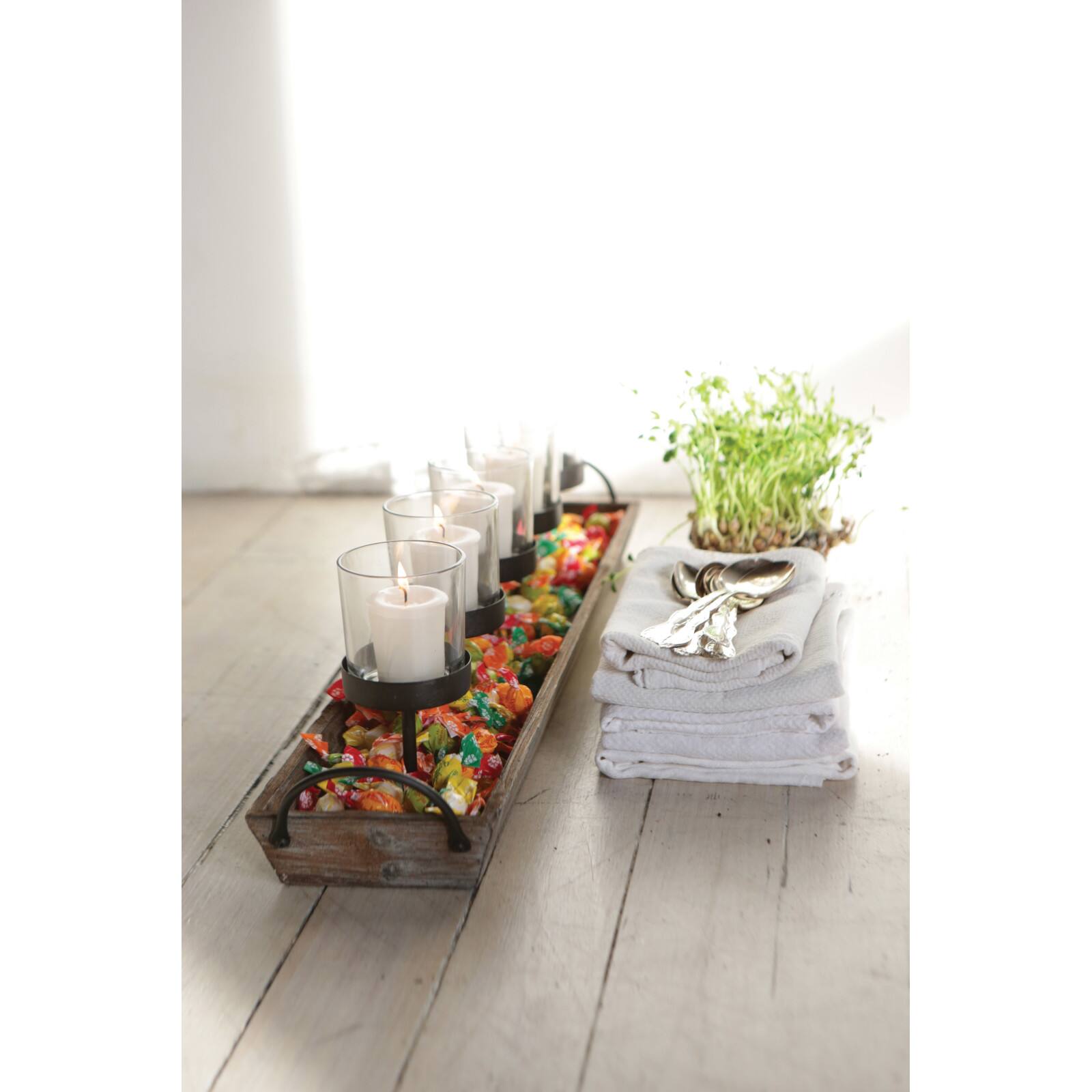 Hello Honey® 5 Metal Votive Candle Holders in Rectangle Wood Tray