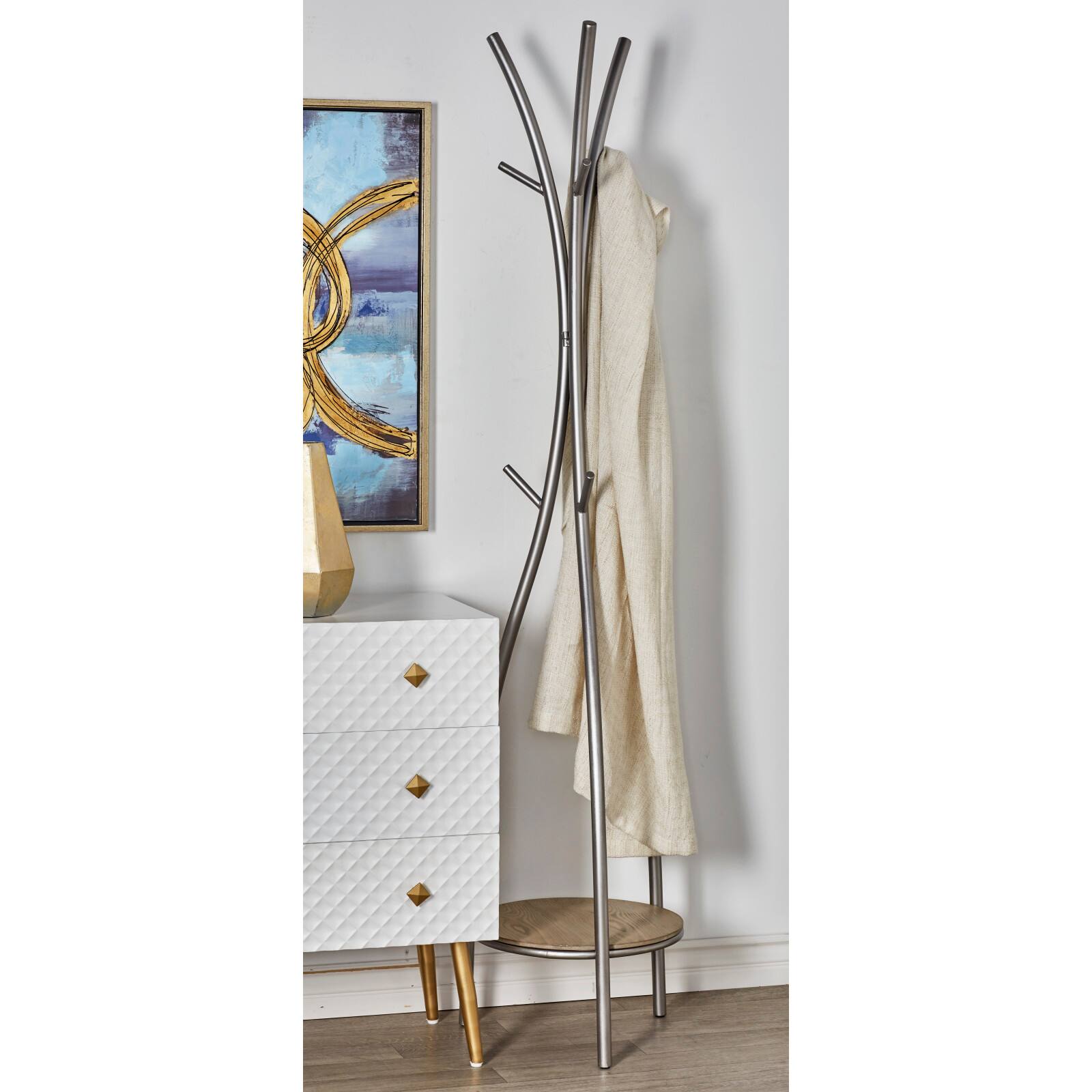 Silver Metal Modern Coat Rack, 73" x  17" x  17"