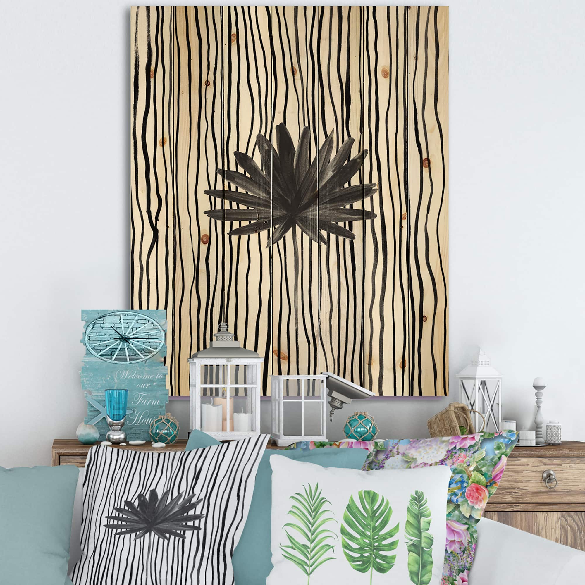 Designart - Black and White Tropical Leaf On Striped III