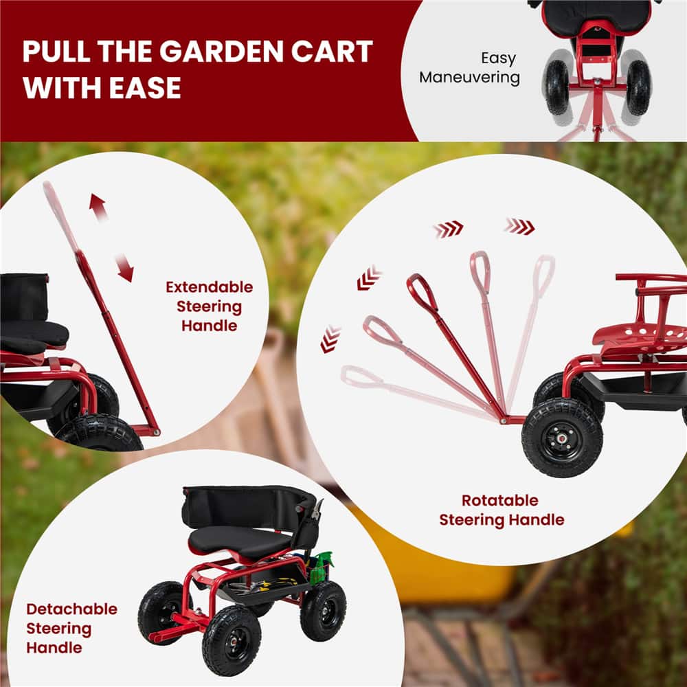 Costway Height-Adjustable Rolling Garden Cart Scooter with Swivel Seat