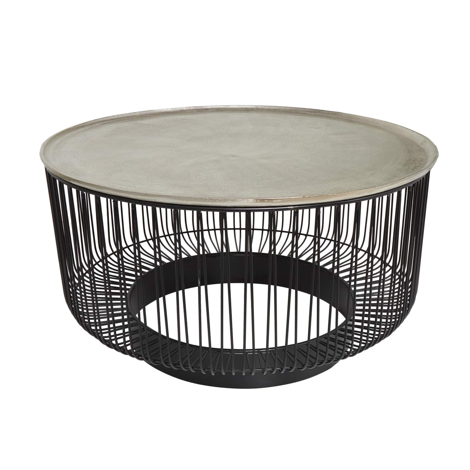 30" Black Metal Open Frame Wire Geometric Coffee Table with Silver Aluminum Top
