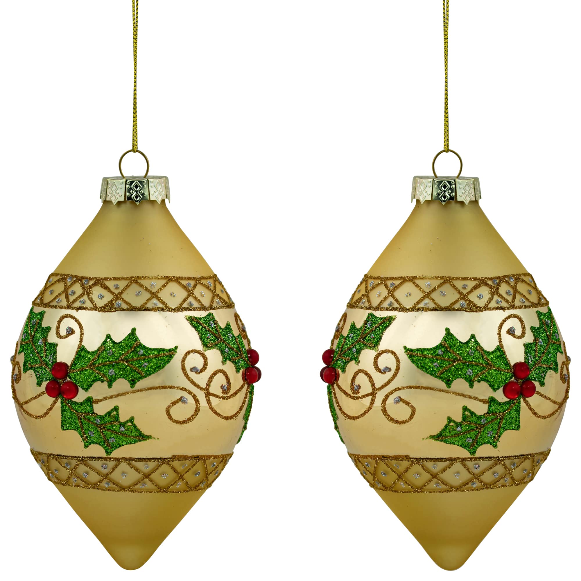 Set of 2 Golden Glitter Holly Finial Christmas Glass Ornaments 5" By Northlight | Michaels®