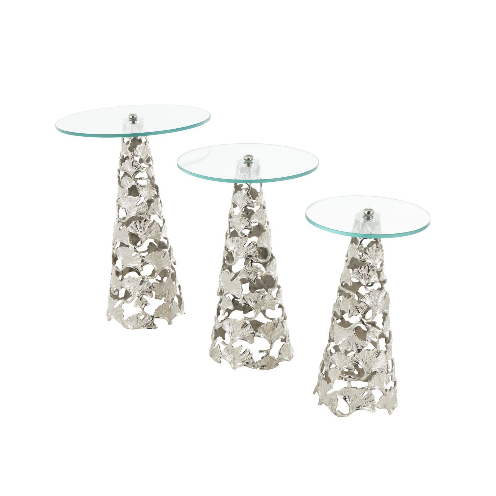 Silver Accent Table with Tempered Glass Tabletops Set 