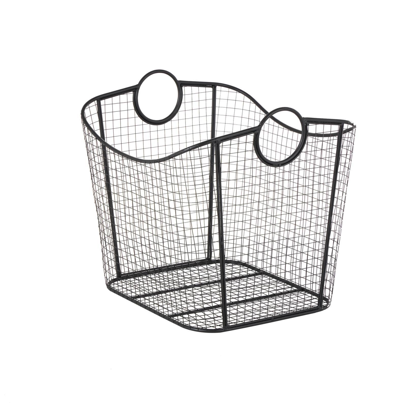 20" Black Metal Storage Basket with Curved Sides & Ring Handles