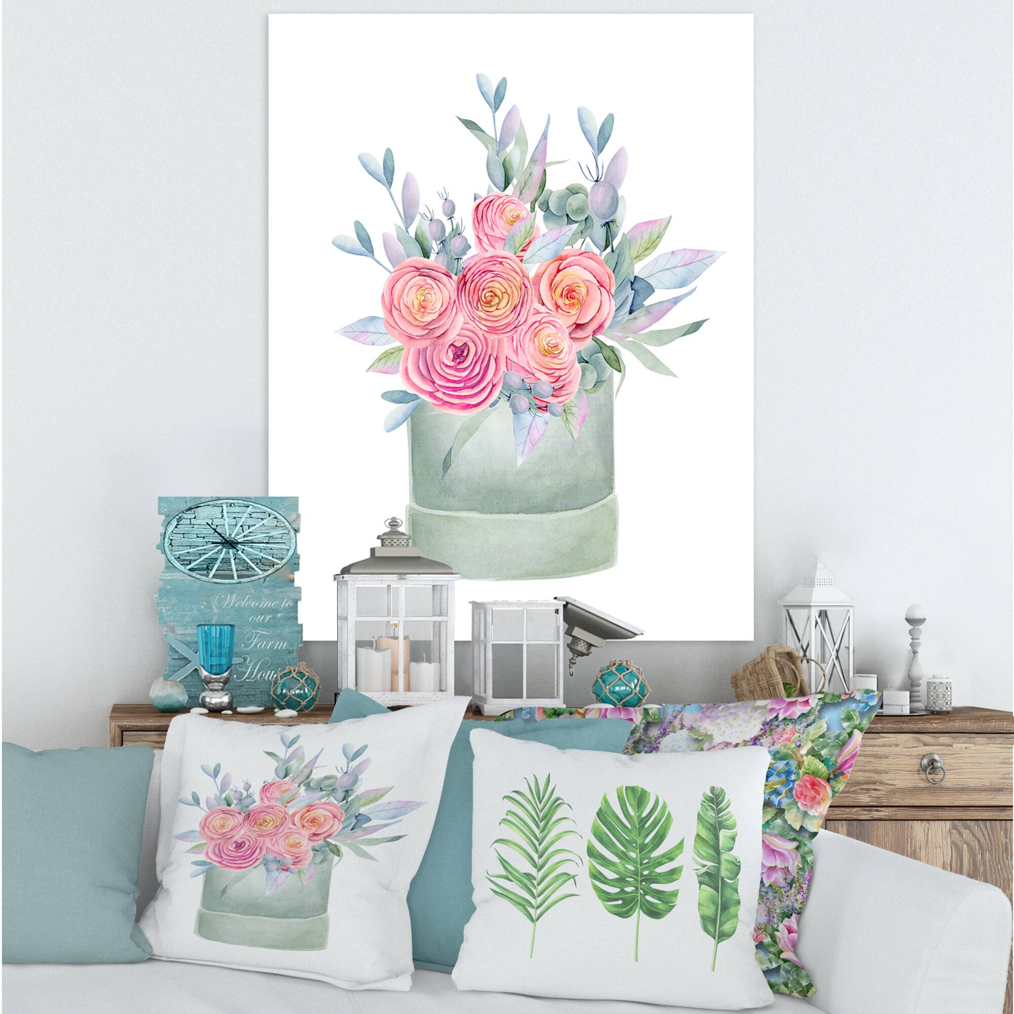 Designart - Gift Box With Pink Roses - Farmhouse Canvas Wall Art Print