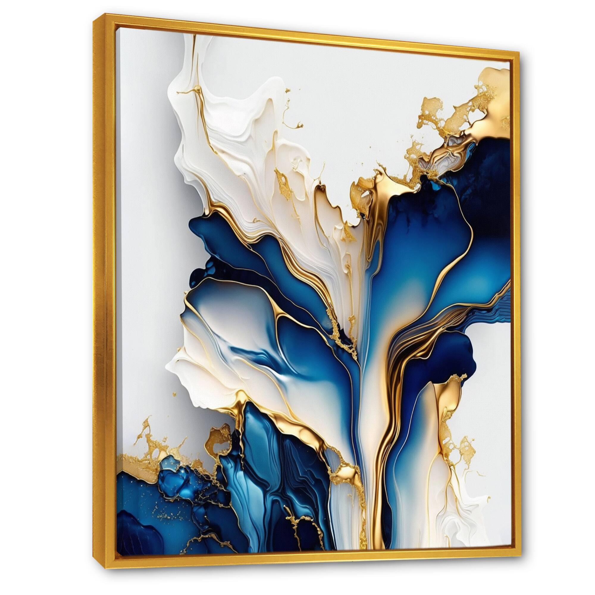 Designart 'Abstract Geode Gold And Blue Marble Shape III' Animals Framed Canvas Wall Art