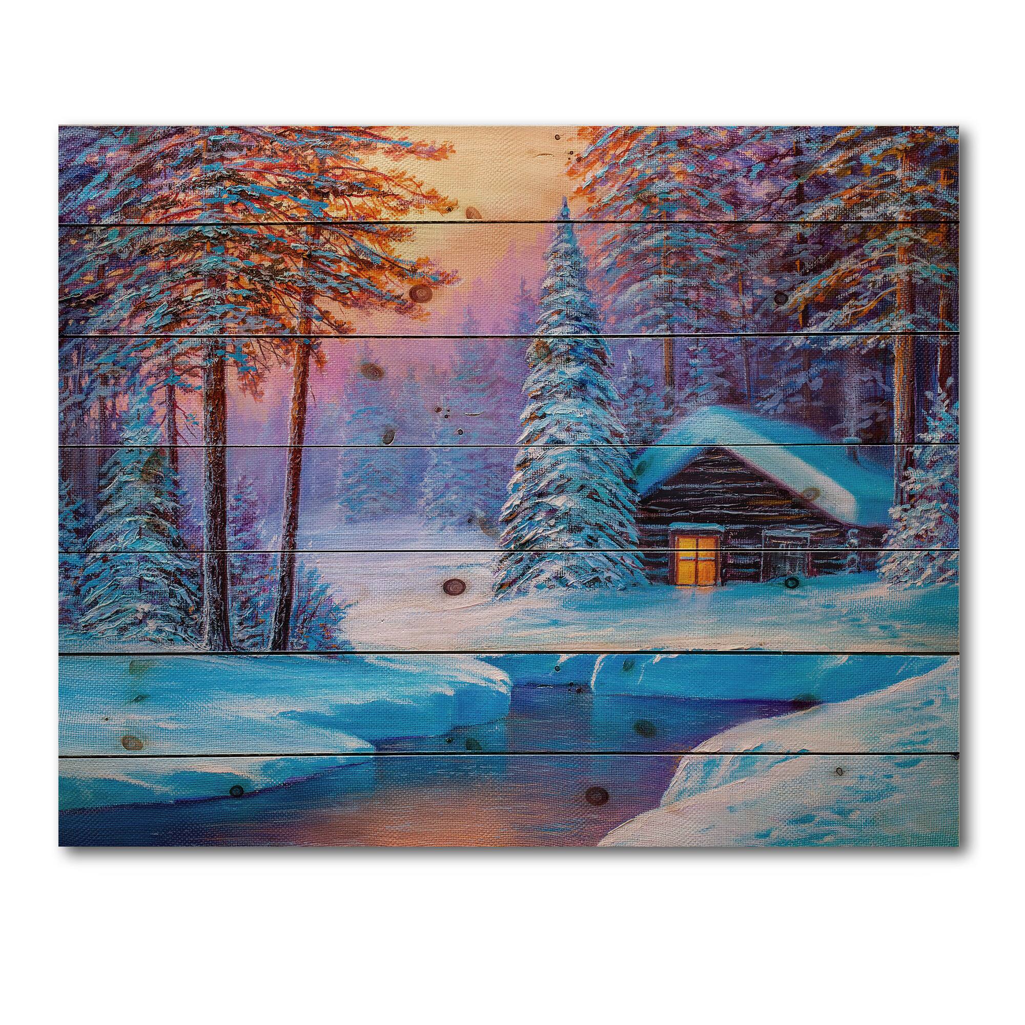 Designart - Old Cabin In Winter Forest I - Traditional Print on Natural Pine Wood