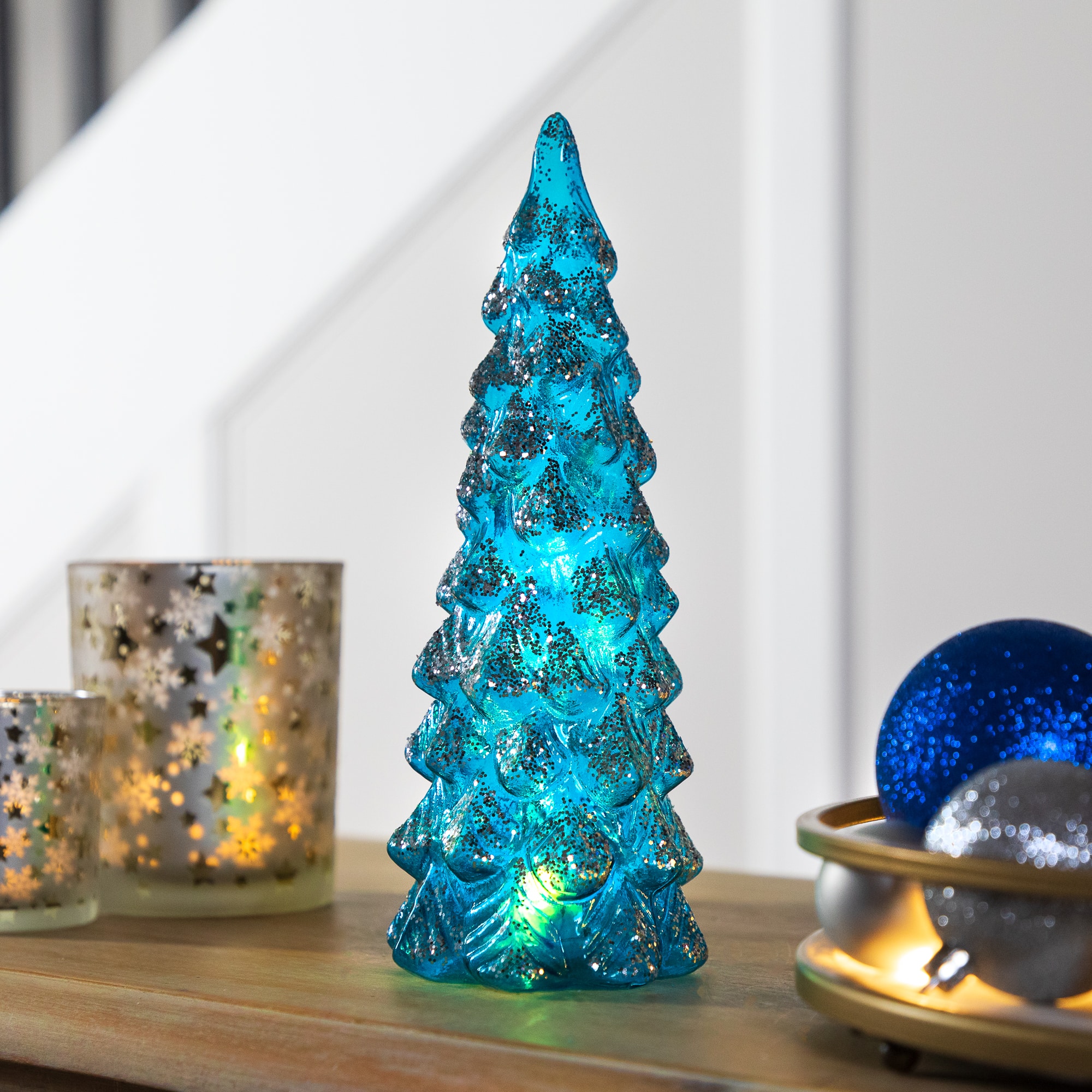 10.25" Blue LED Lighted Glittered Glass Decoration Christmas Tree
