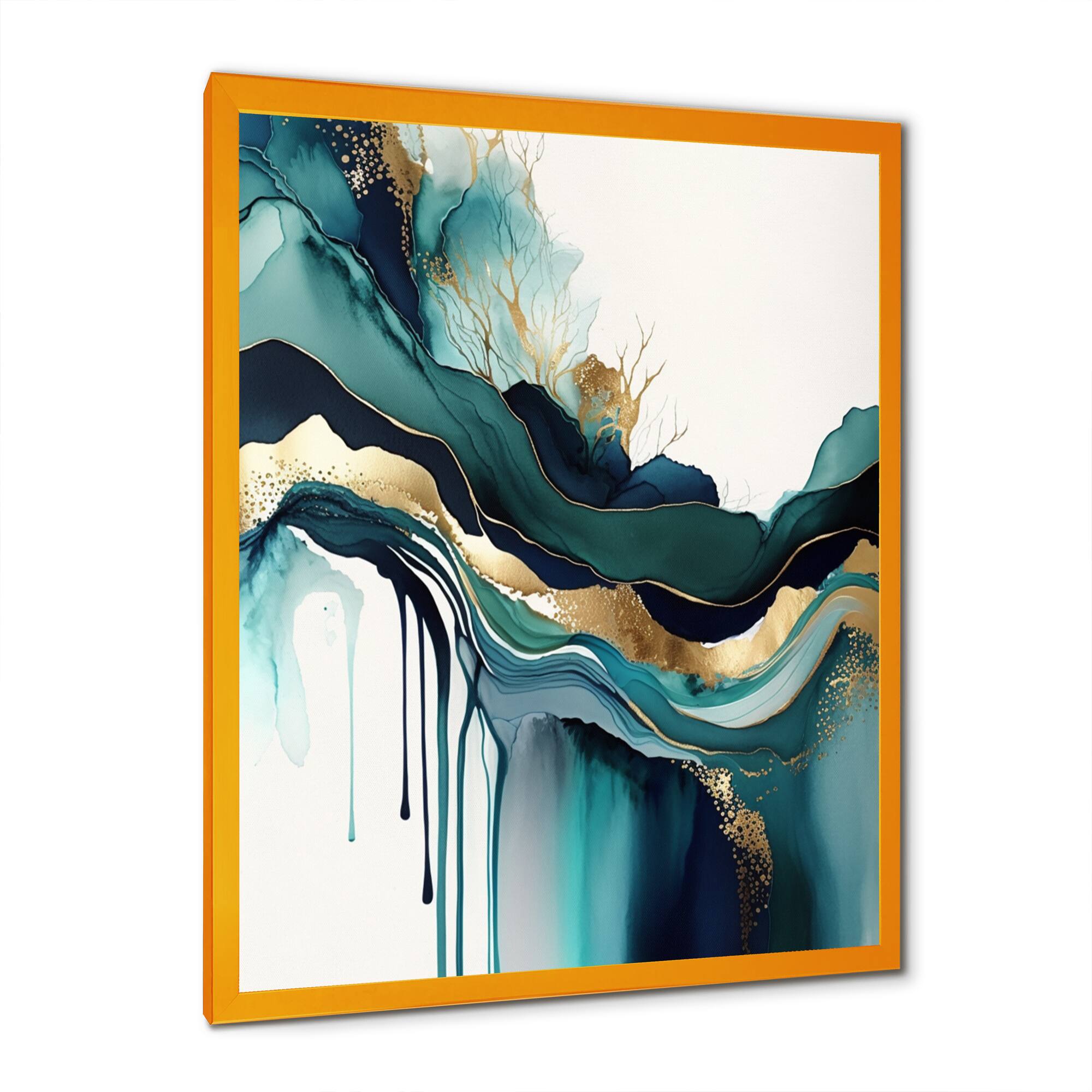 Designart 'Teal And Gold Abstract Expression IV' Modern Framed Canvas Wall Art