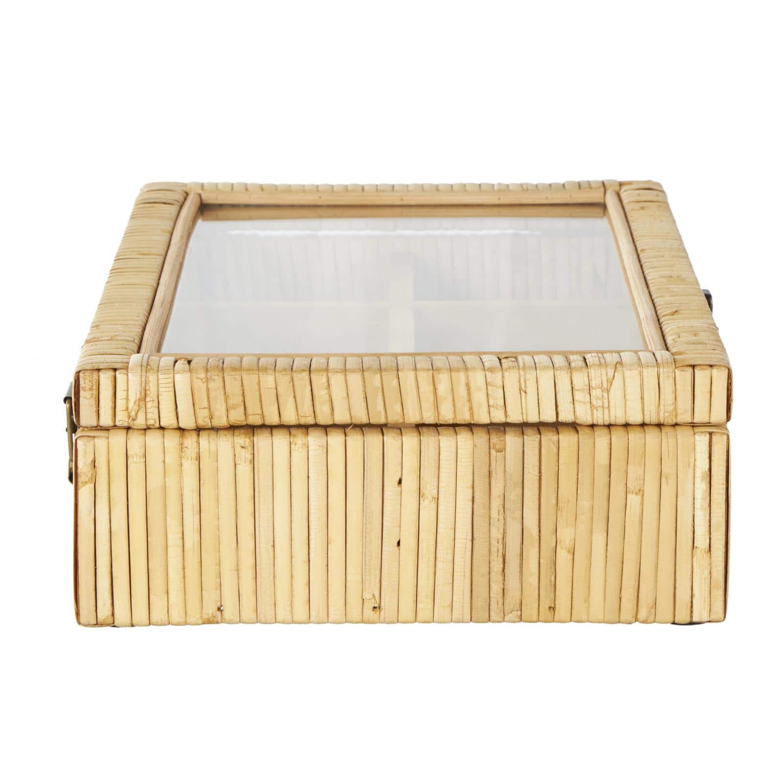 12" x 9" x 4" Brown Hand-Wrapped Rattan 6-Slot Jewelry Box with Tempered Glass Top