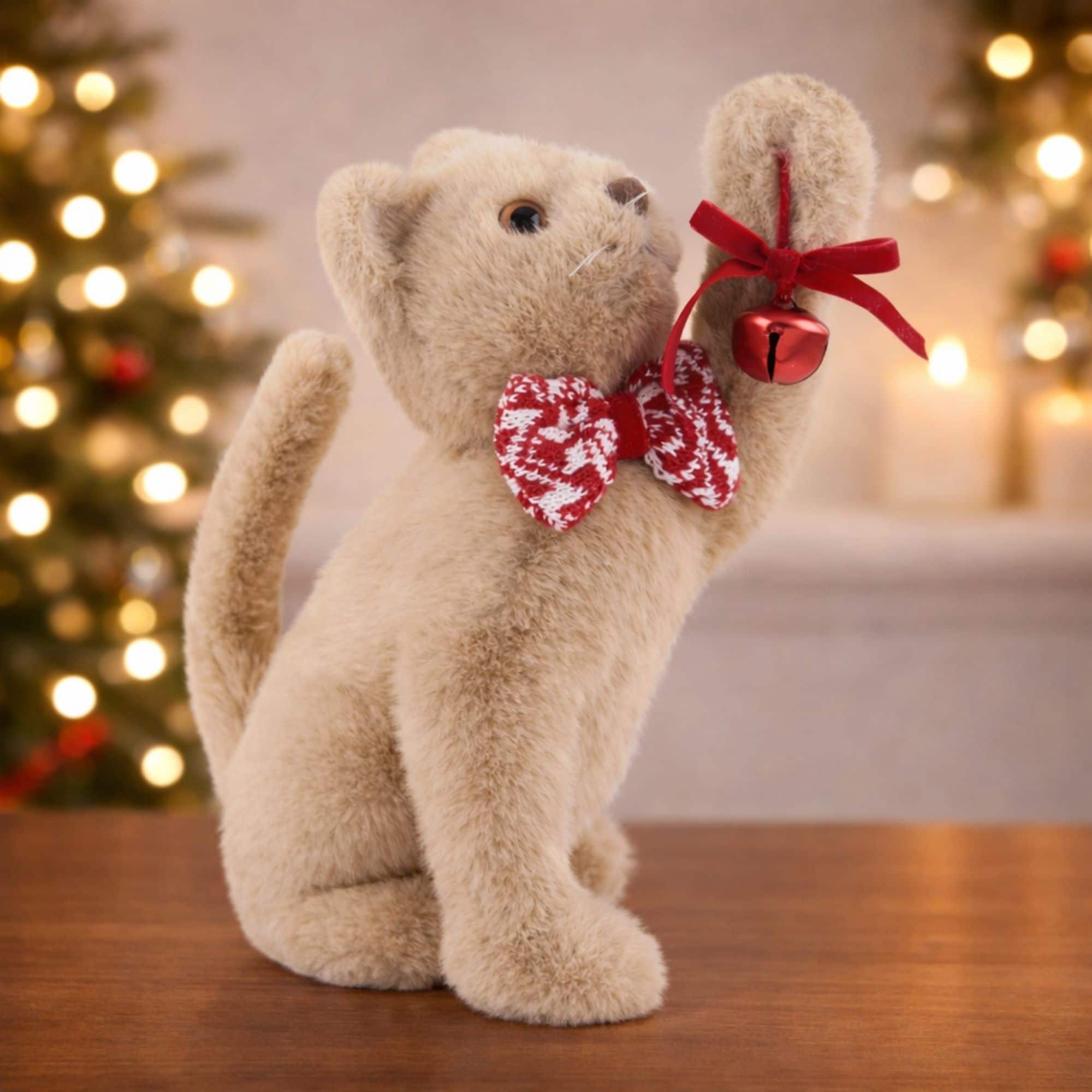 Melrose 11" Christmas Cat with Knit Bow Plush Figurine