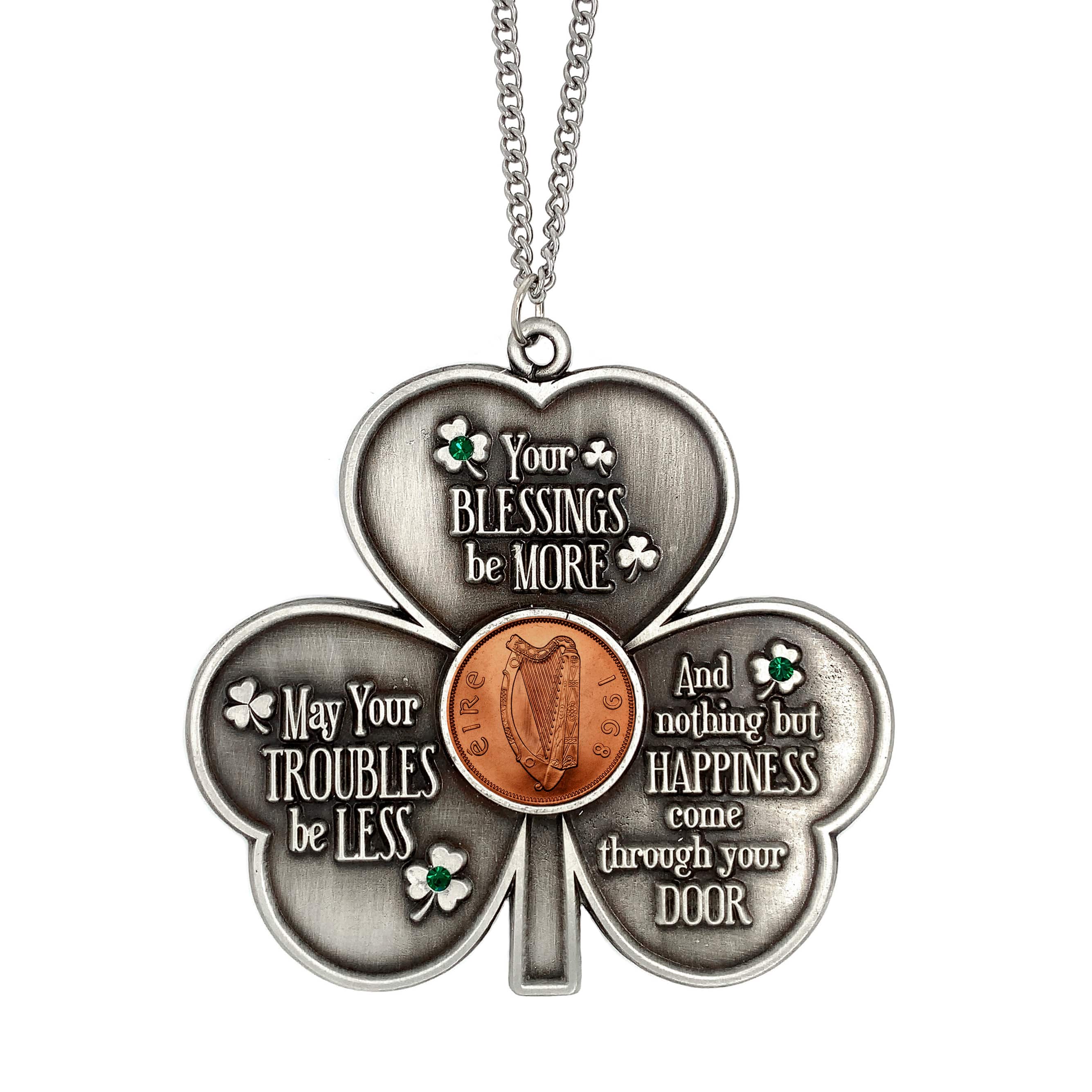 Shamrock Irish Penny House Blessing With Emerald Green Glass Stones