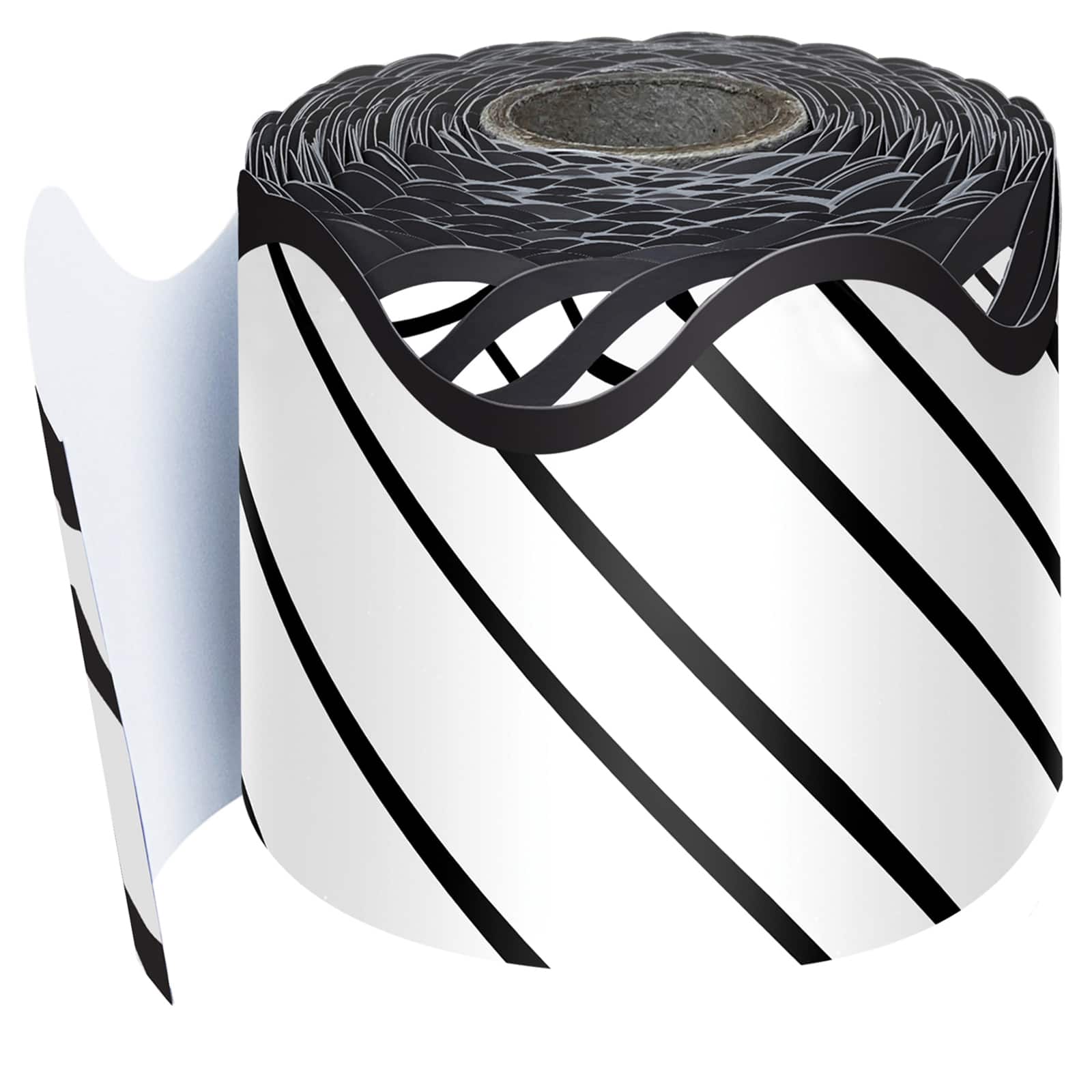 Carson Dellosa® Kind Vibes Black & White Stripes Rolled Scalloped Border, 195ft.