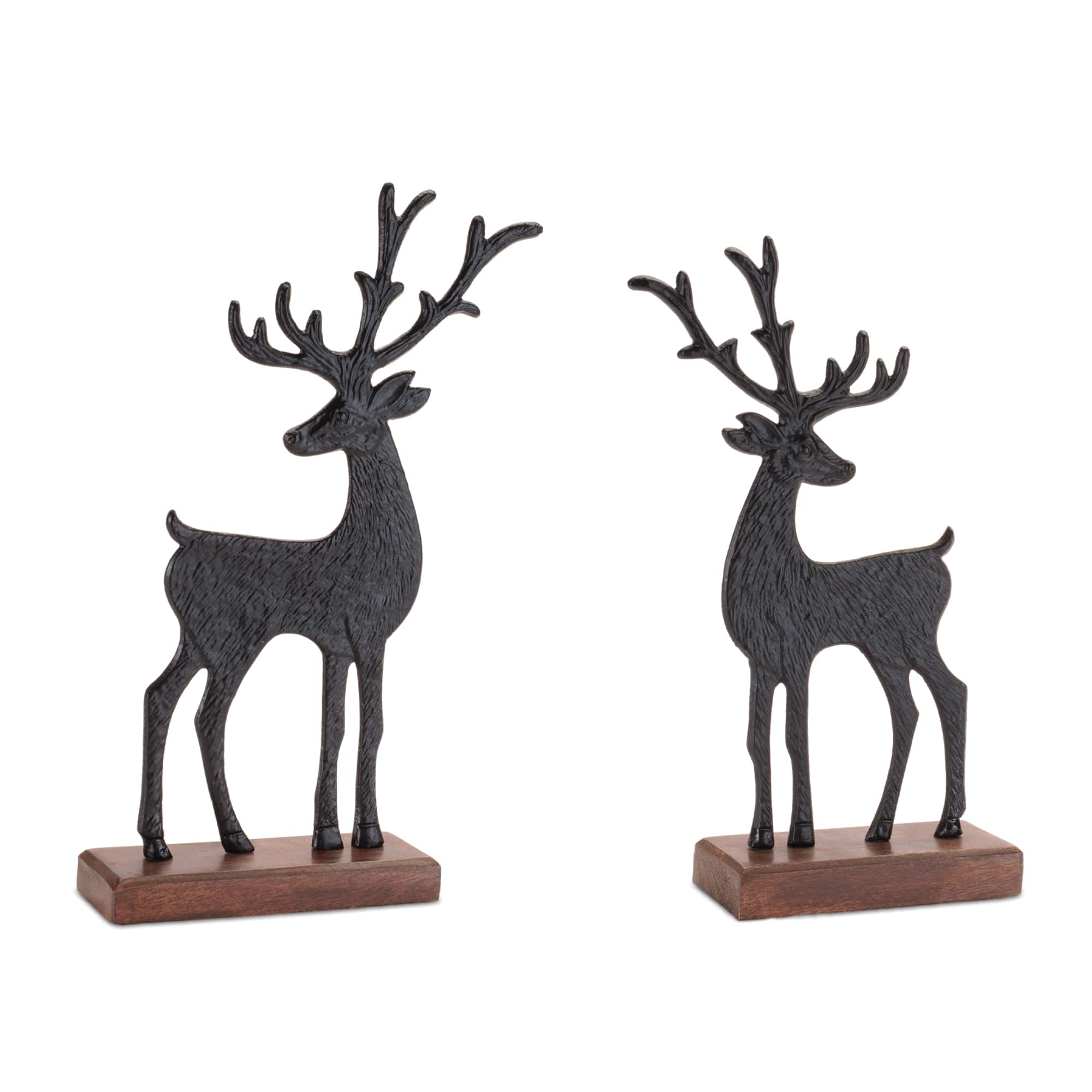 Melrose Black Metal Deer Figurines on Wood Base Set