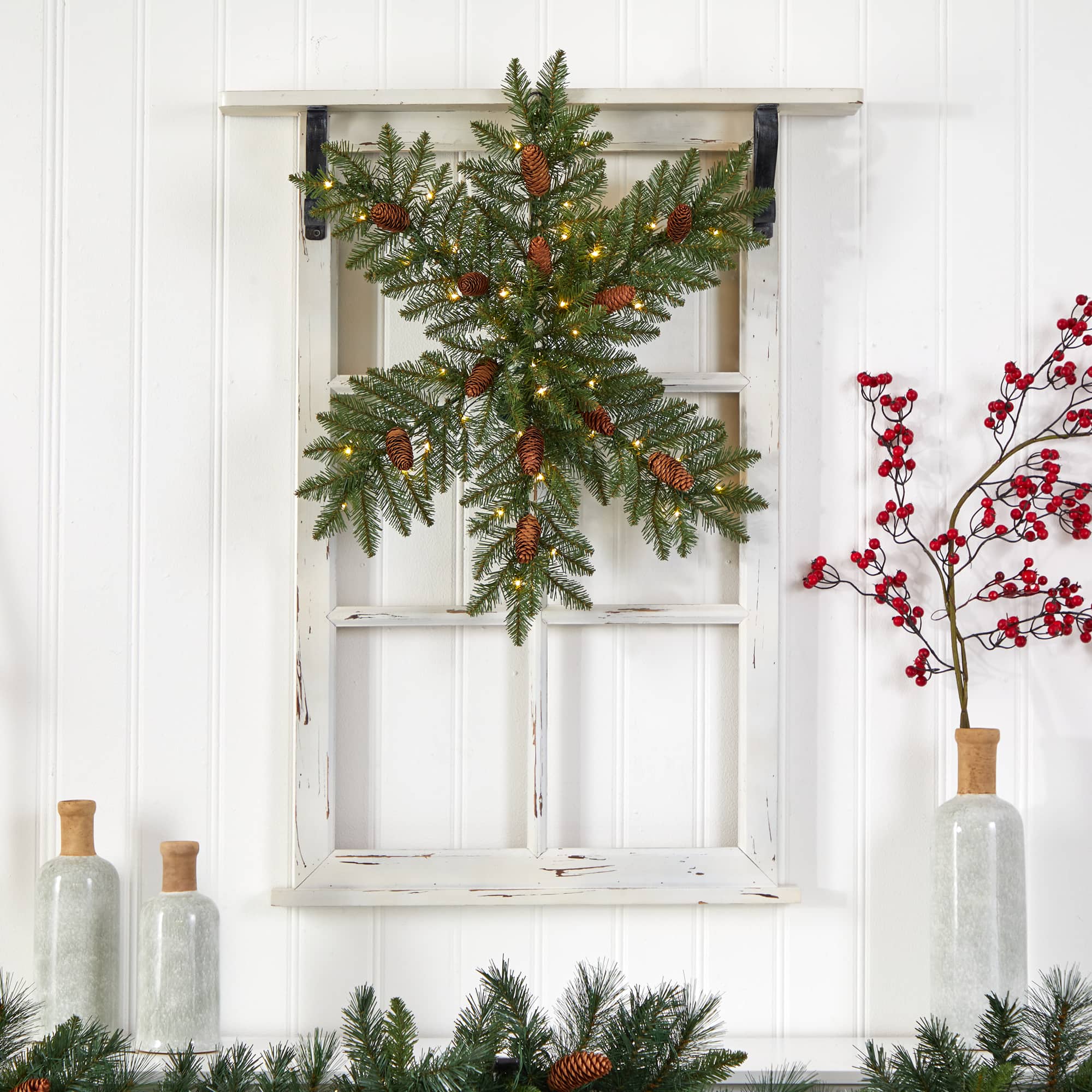 30" Pre-Lit Snowflake Artificial Dunhill Fir Wreath With Pinecones
