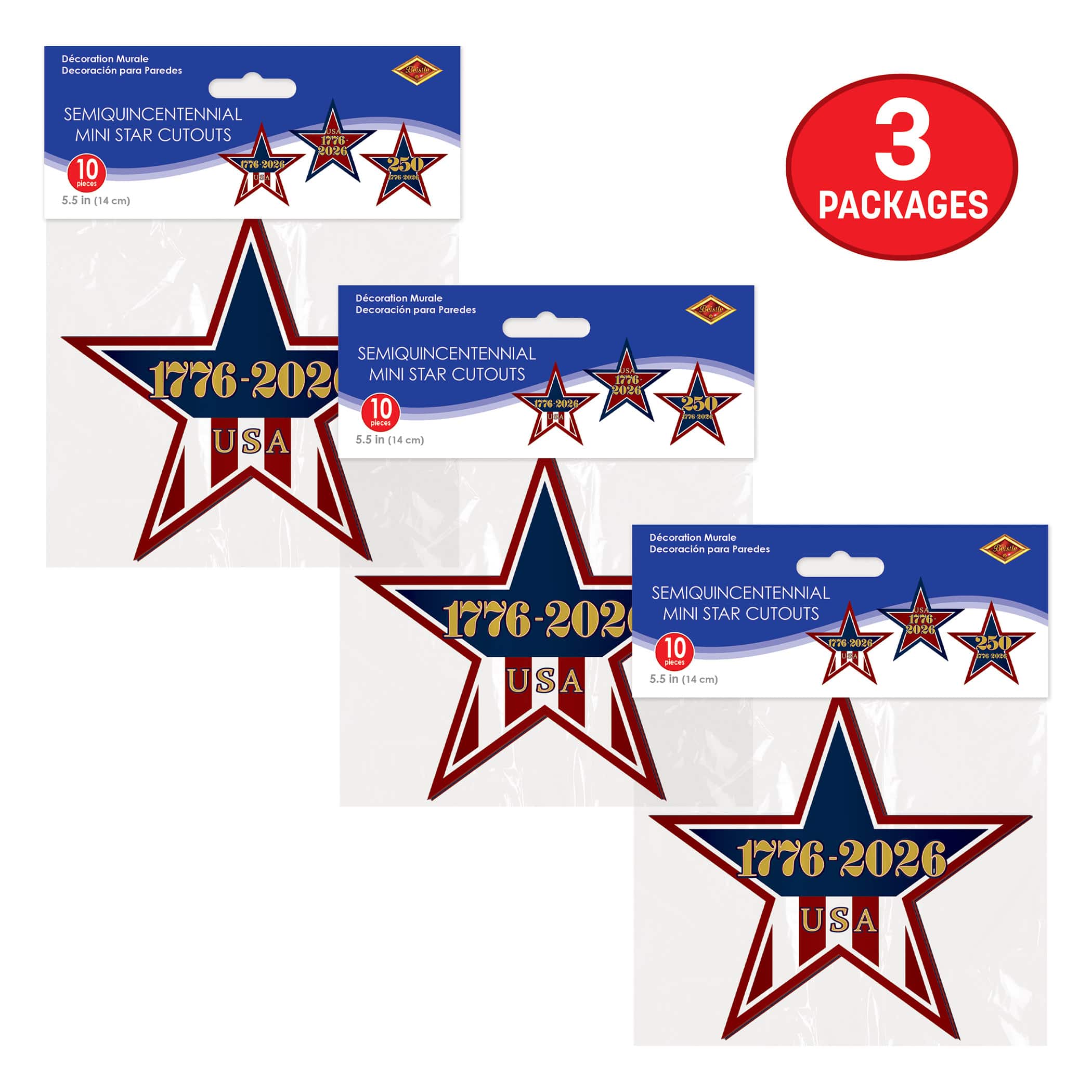 Beistle 5.5" Semiquincentennial Mini Star Cutouts, 3 Packs of 10