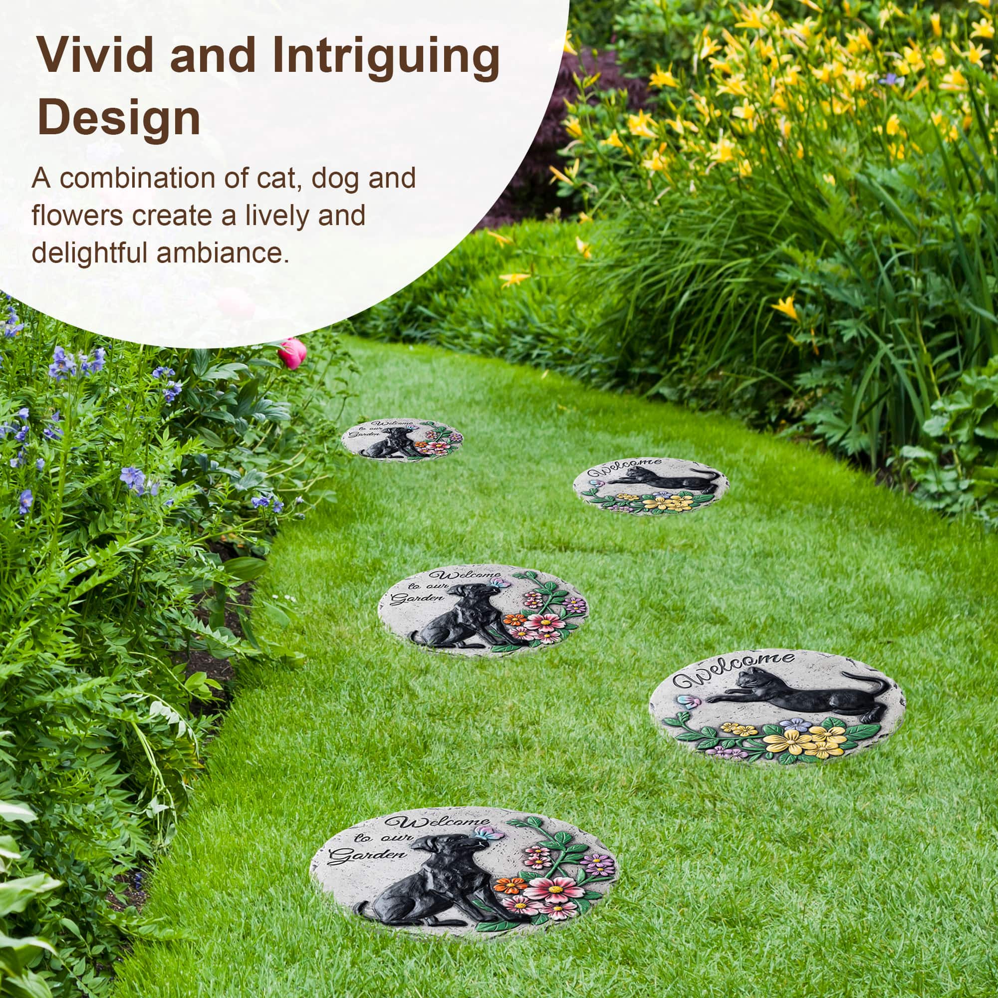 Glitzhome® 10" Set of 2 Cement Cat and Dog Textured Stepping Stones