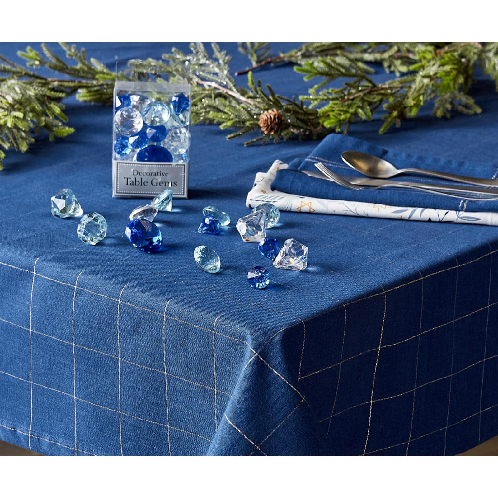Blue Metallic Windowpane Tablecloth 70" Round