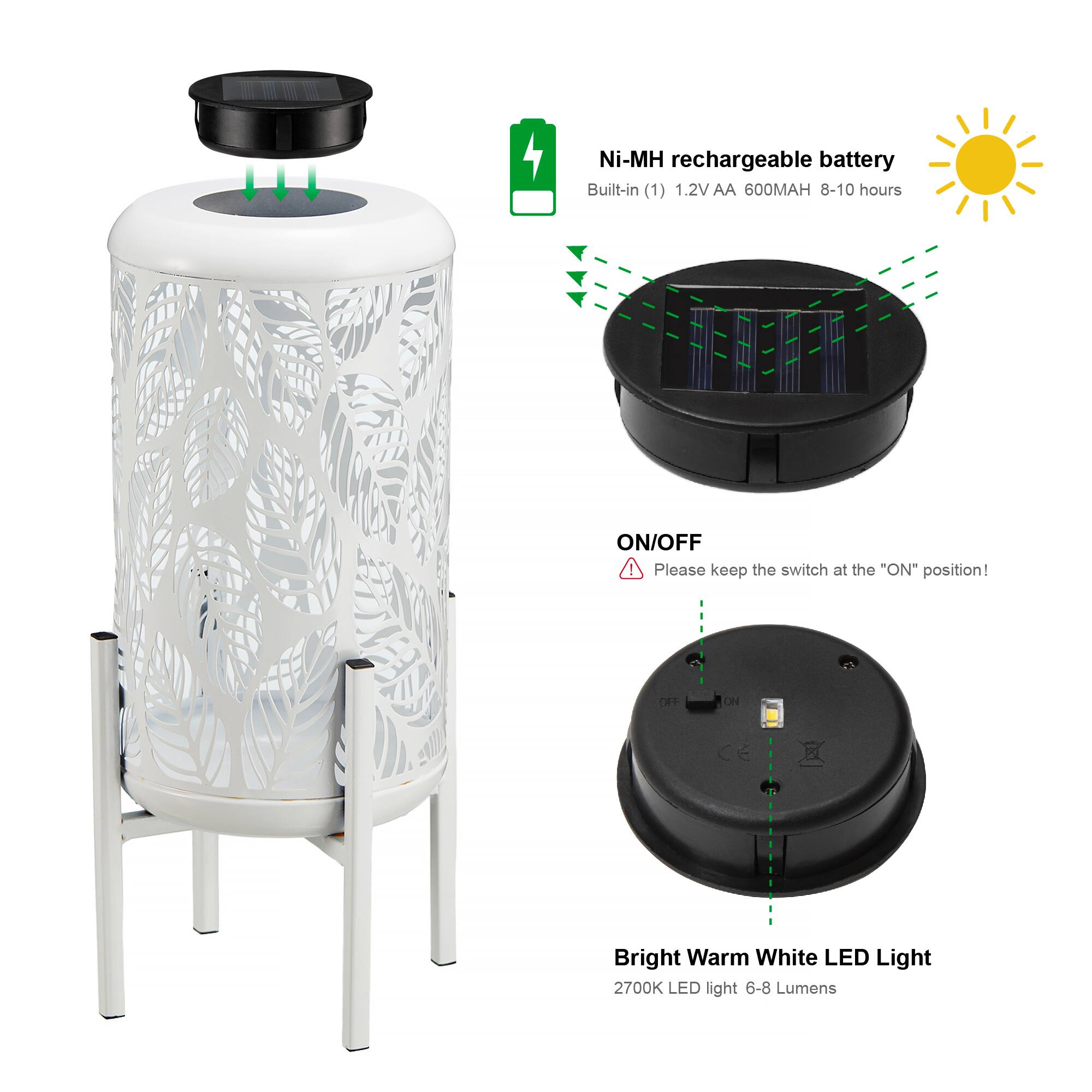 Glitzhome® 14.25" White Metal Cutout Leaves Pattern Solar Powered LED Outdoor Lanterns, 2ct.