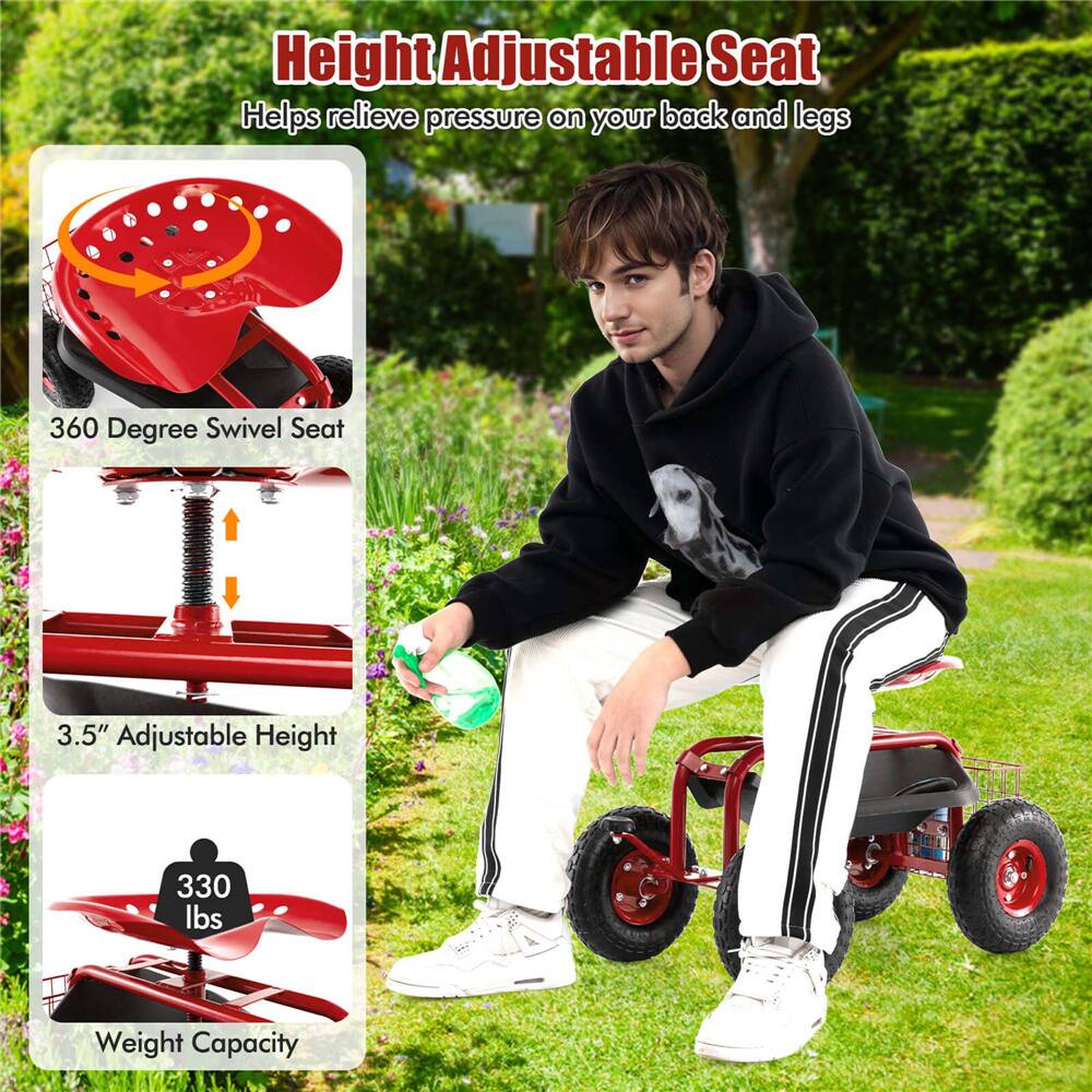 Costway Garden Cart Patio Wagon Rolling Work Seat with Tool Tray Basket