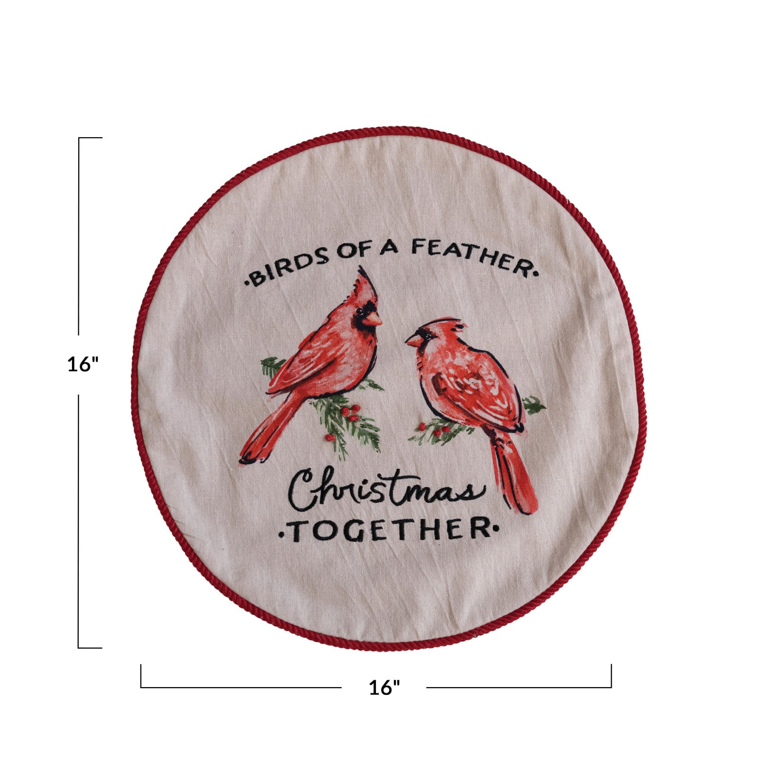 Hello Honey® 16" Red & White Birds of a Feather Christmas Together Round Cotton Printed Pillow Cover & Insert