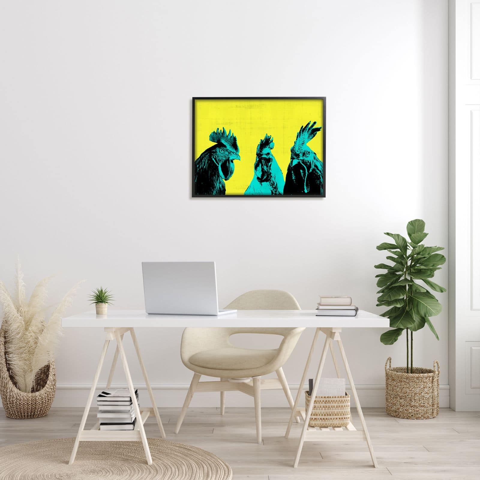 Stupell Industries Bold Pop Farm Roosters Yellow Blue Abstract Birds Framed Wall Art