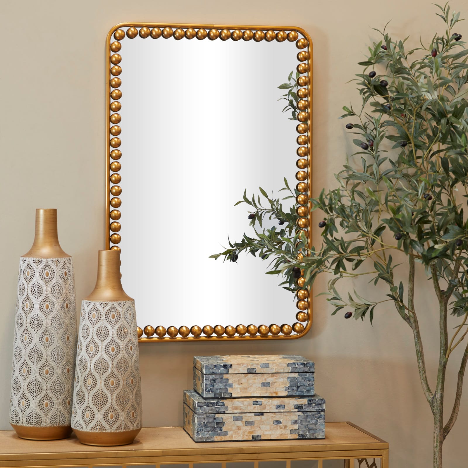 Gold Metal Wall Mirror with Beaded Detailing 24" x 2" x 36"