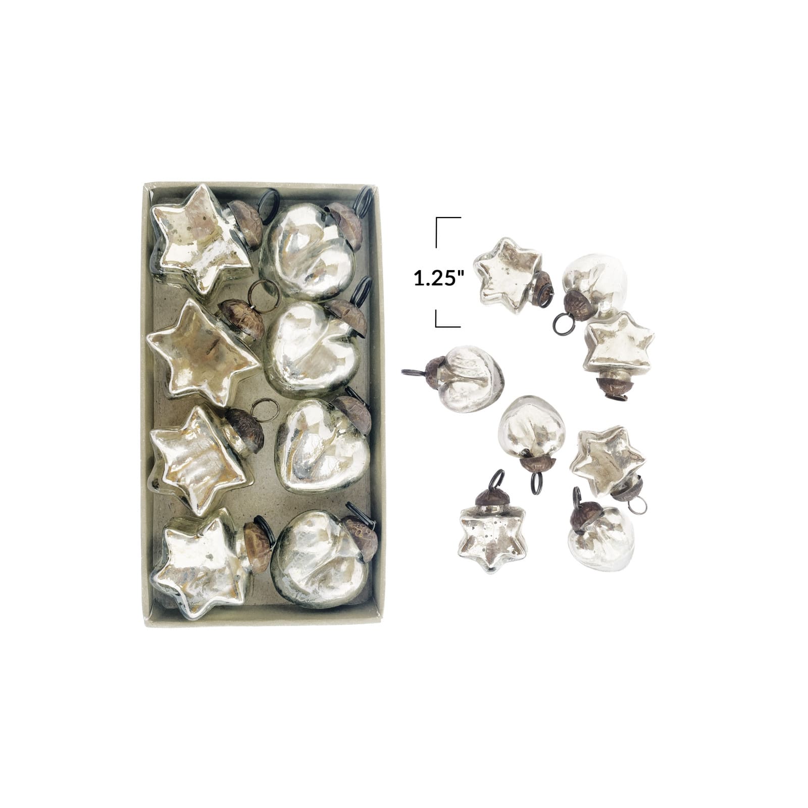 Hello Honey® 8 Pack 1.25" Silver Mercury Glass Heart & Star Ornaments