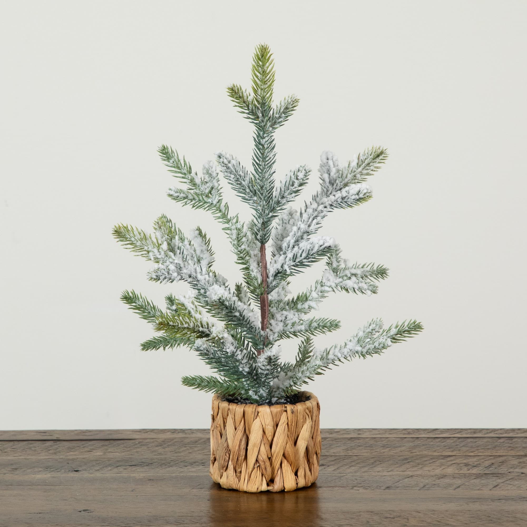 Nearly Natural 14" Unlit Artificial Flocked & Frosted Fir Christmas Tree in Woven Basket