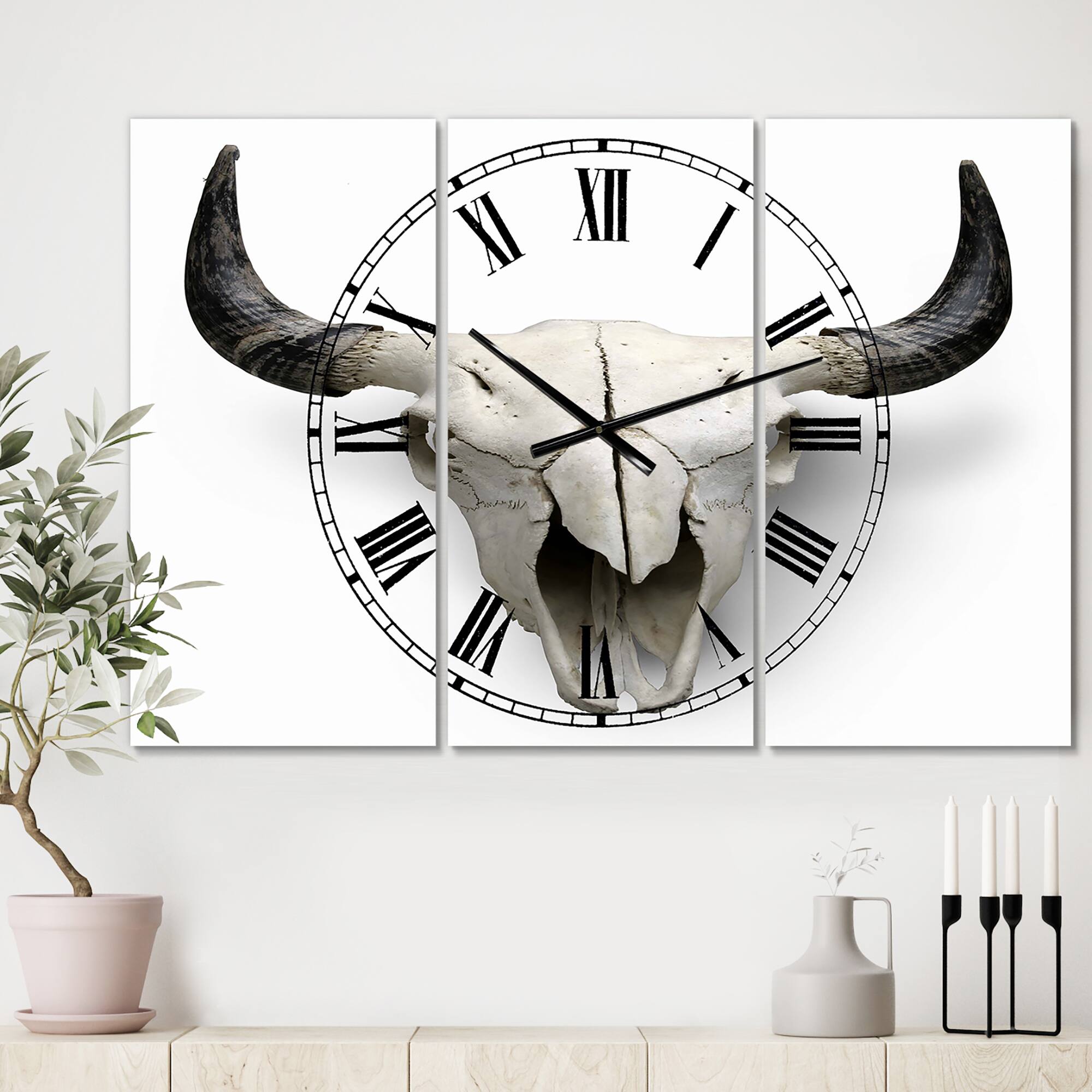 Designart White Cow Skull With Black Horns Oversized Farmhouse 3 panel Wall Clock
