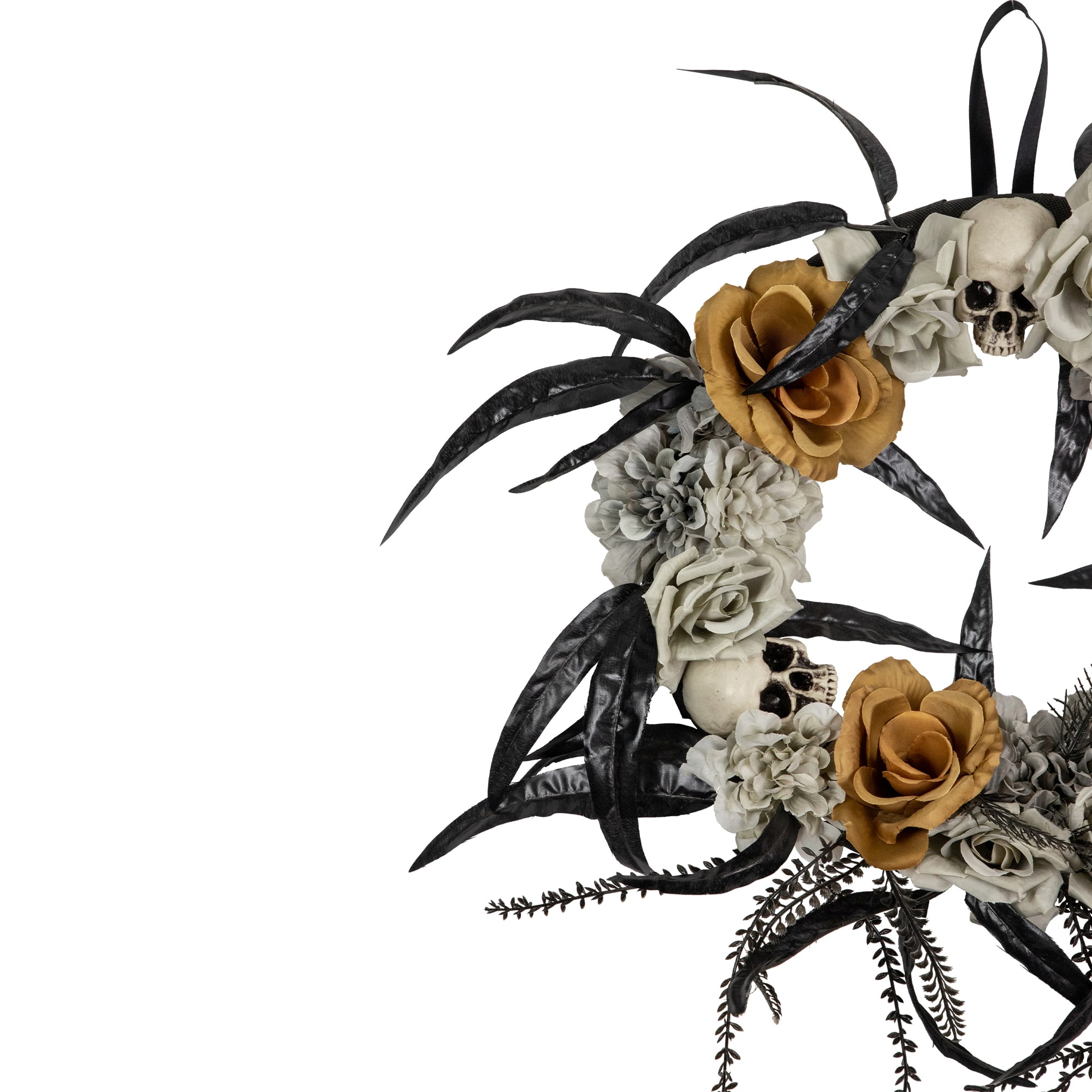 14" Unlit Skulls with Orange & Gray Roses Halloween Wreath