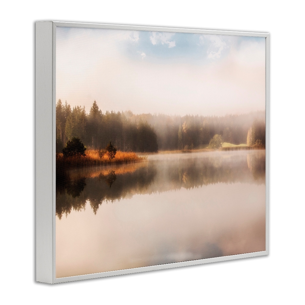 Stupell Industries Autumn Lake Misty Landscape Distant Pine Tree Forest Framed Giclee Art