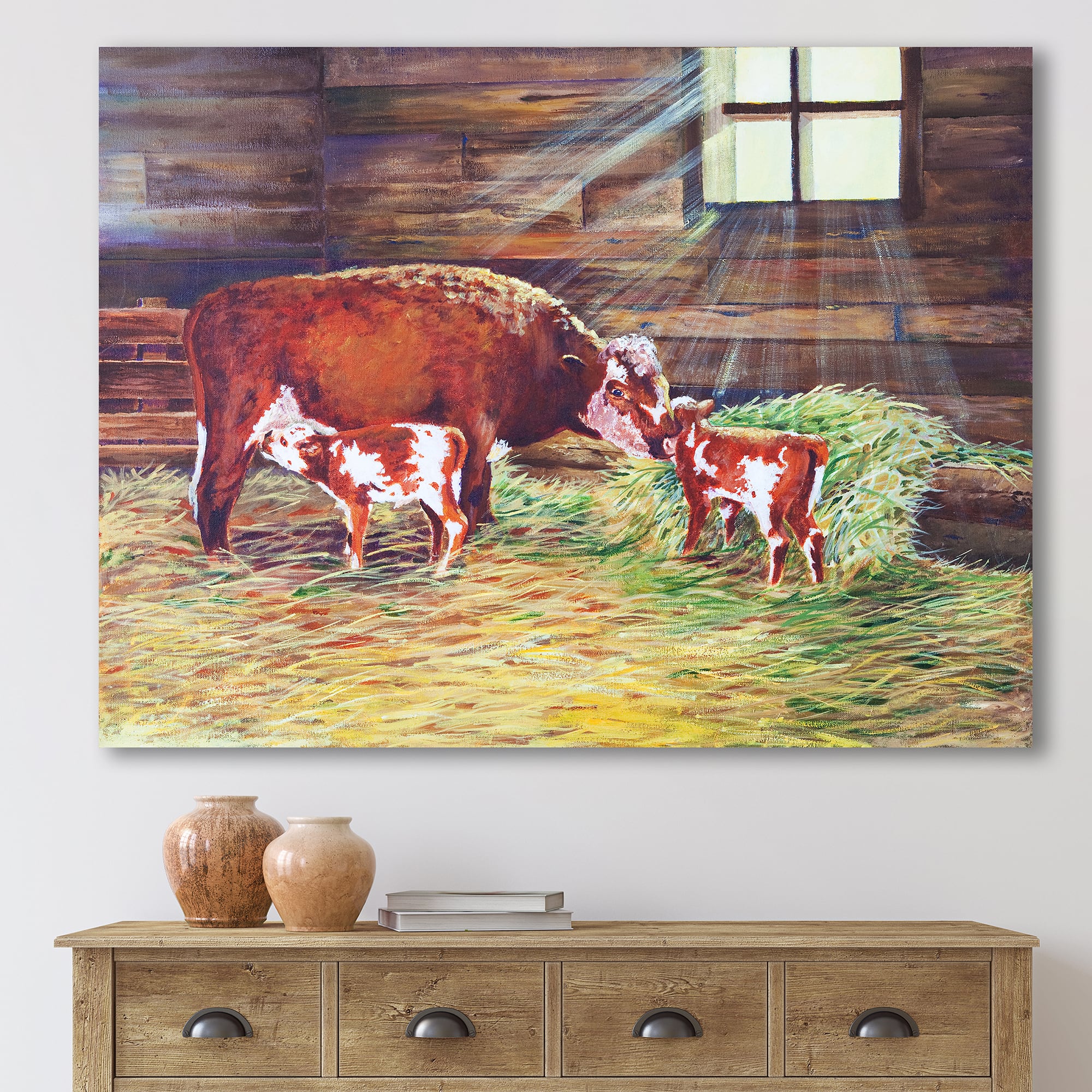 Designart - Newborn Twin Calves At The Farm - Farmhouse Canvas Wall Art Print