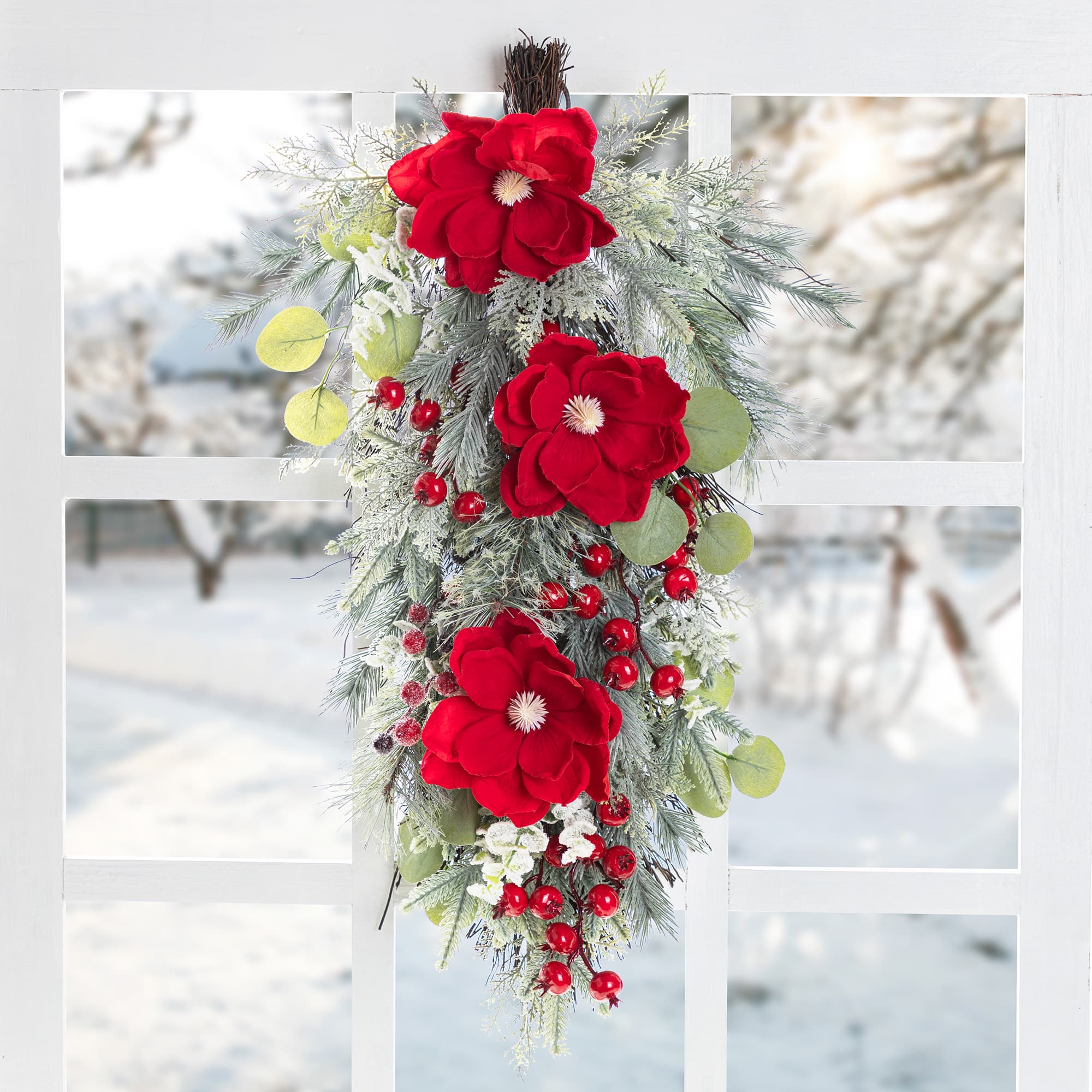 Glitzhome® 28"H Christmas Red Mangnolia & Berry Teardrop