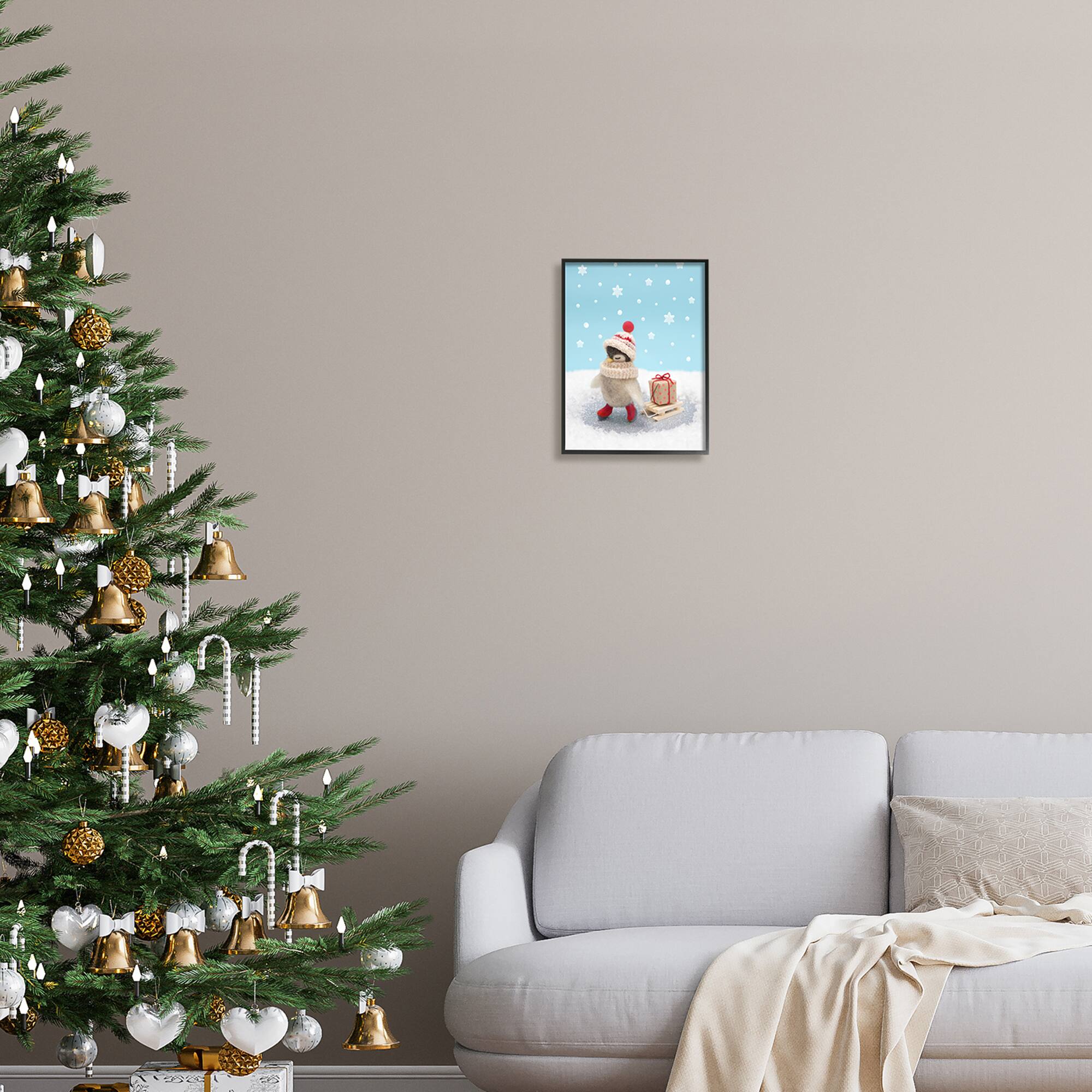 Stupell Industries Penguin Christmas Present Sled Framed Giclee Art