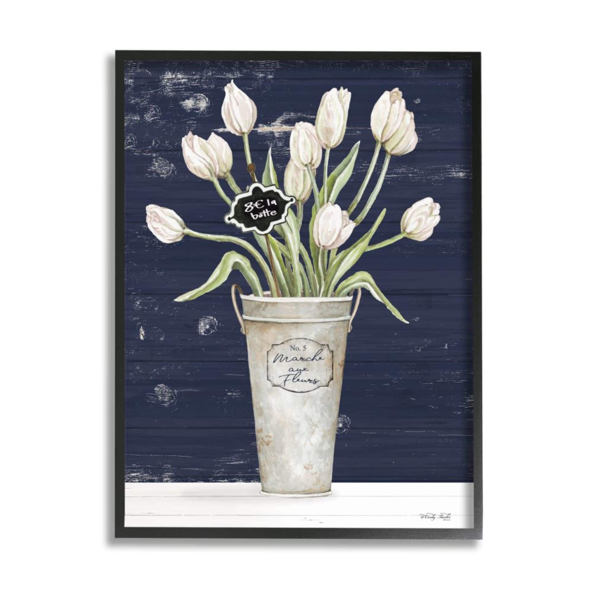 Stupell Industries Charming White Tulip Bouquet over Rustic Blue Framed Wall Art