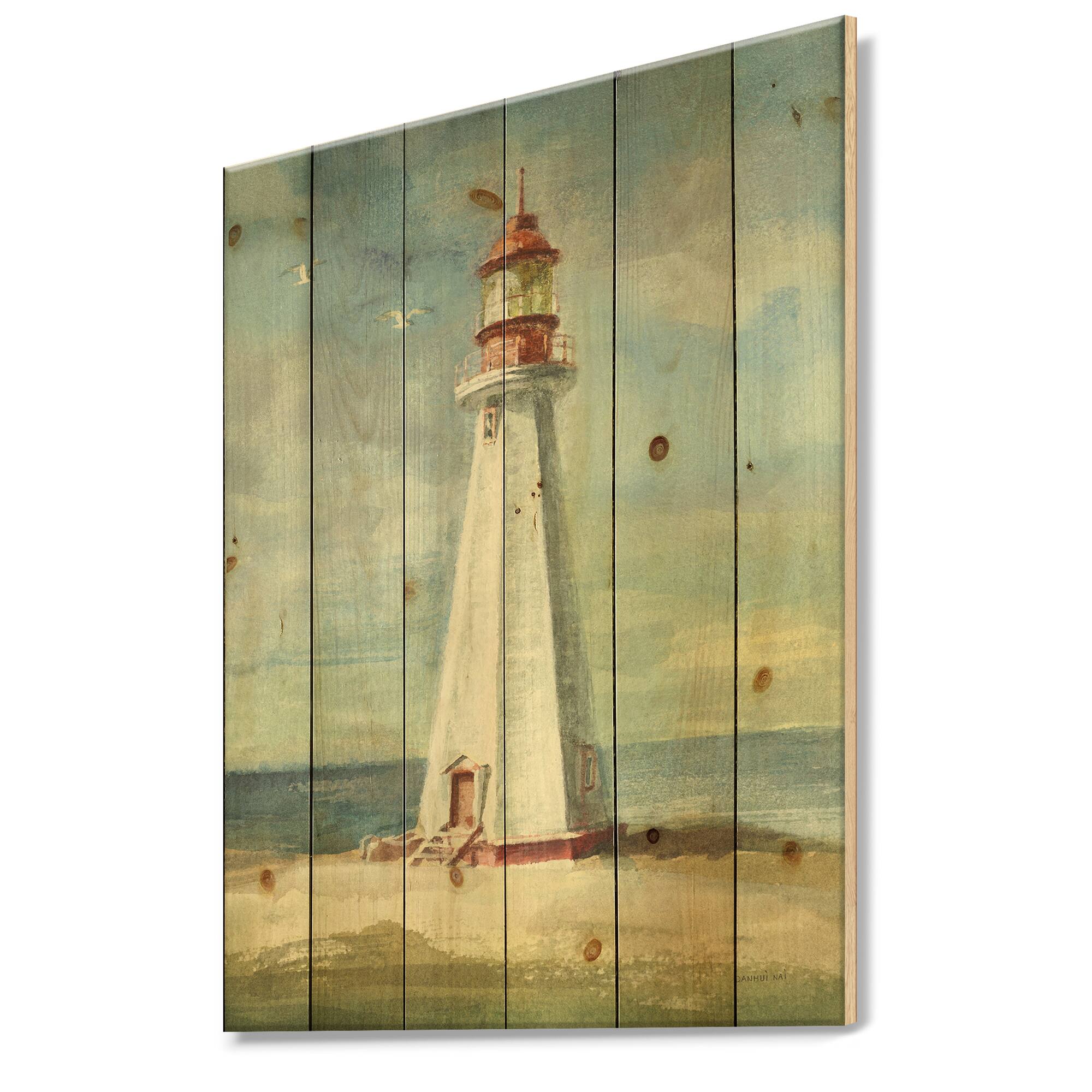 Designart - Nautical Lighthouse III - Nautical & Beach Print on Natural Pine Wood