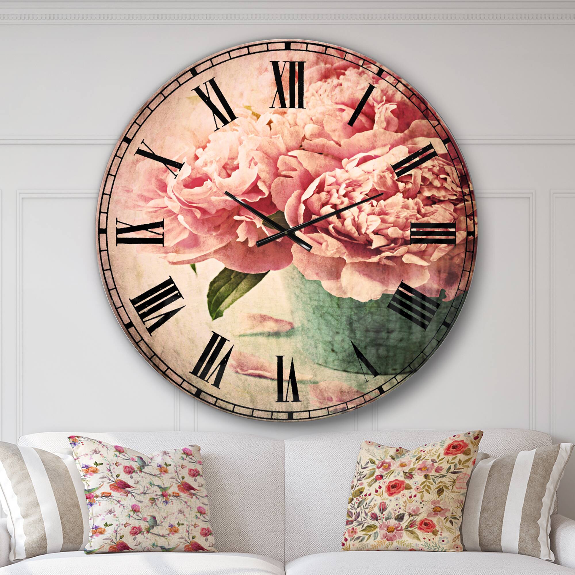 Designart Pink Peony Flowers in Vase Traditional Wall Clock