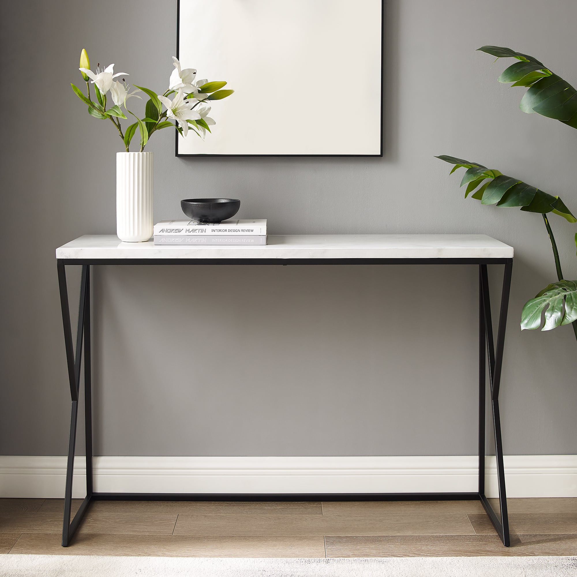 Walker Edison Faux White Marble/Black Geometric Side Entry Table