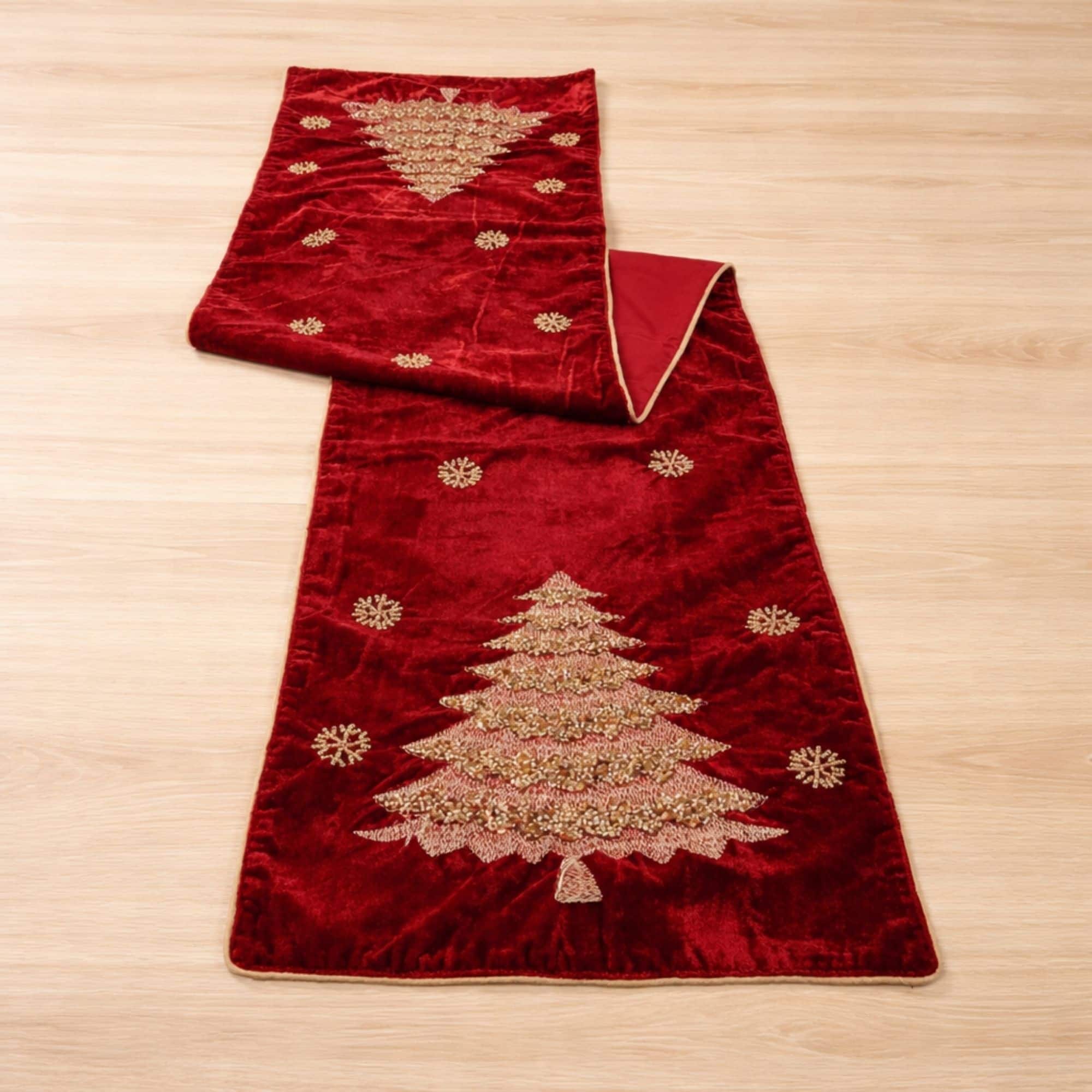 Melrose 70" x 14" Red & Gold Embroidered Pine Tree Table Runner