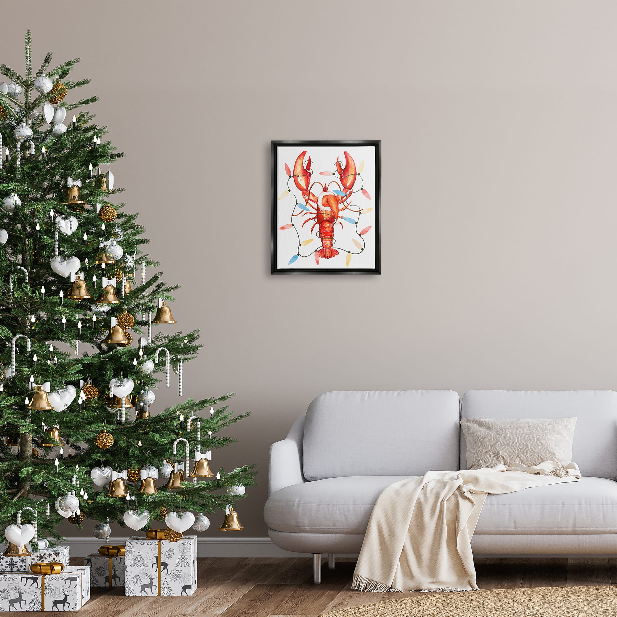 Stupell Industries Nautical Lobster Christmas Lights Framed Floater Canvas Wall Art
