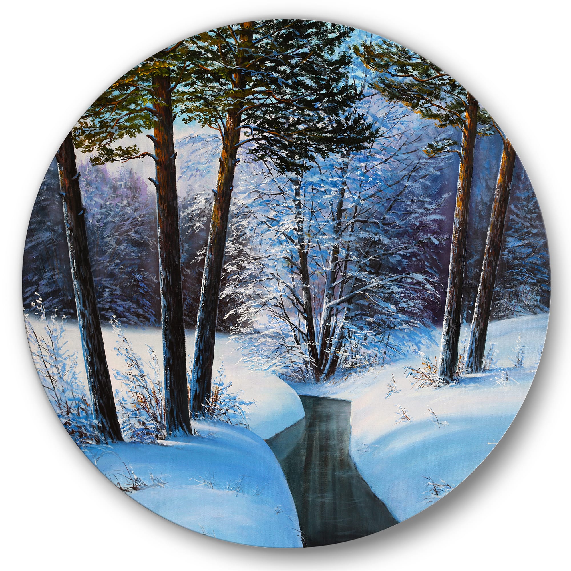Designart - Christmas Forest With River and Trees III - Traditional Metal Circle Wall Art
