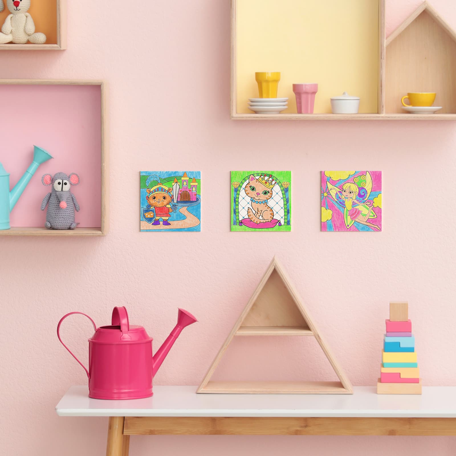 Arteza® Kids Canvas Paint Kit, 3 canvas 4x4 in, Watercolor pencils and markers, Fantasy