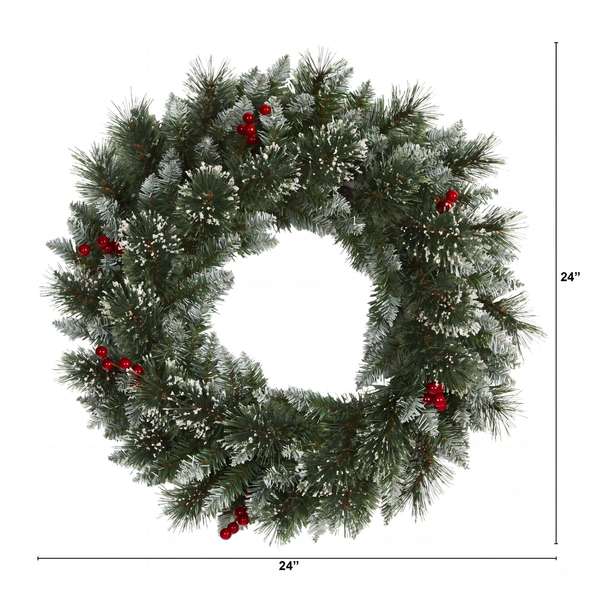 Nearly Natural 24" Artificial Frosted Swiss Pine Wreath with Berries