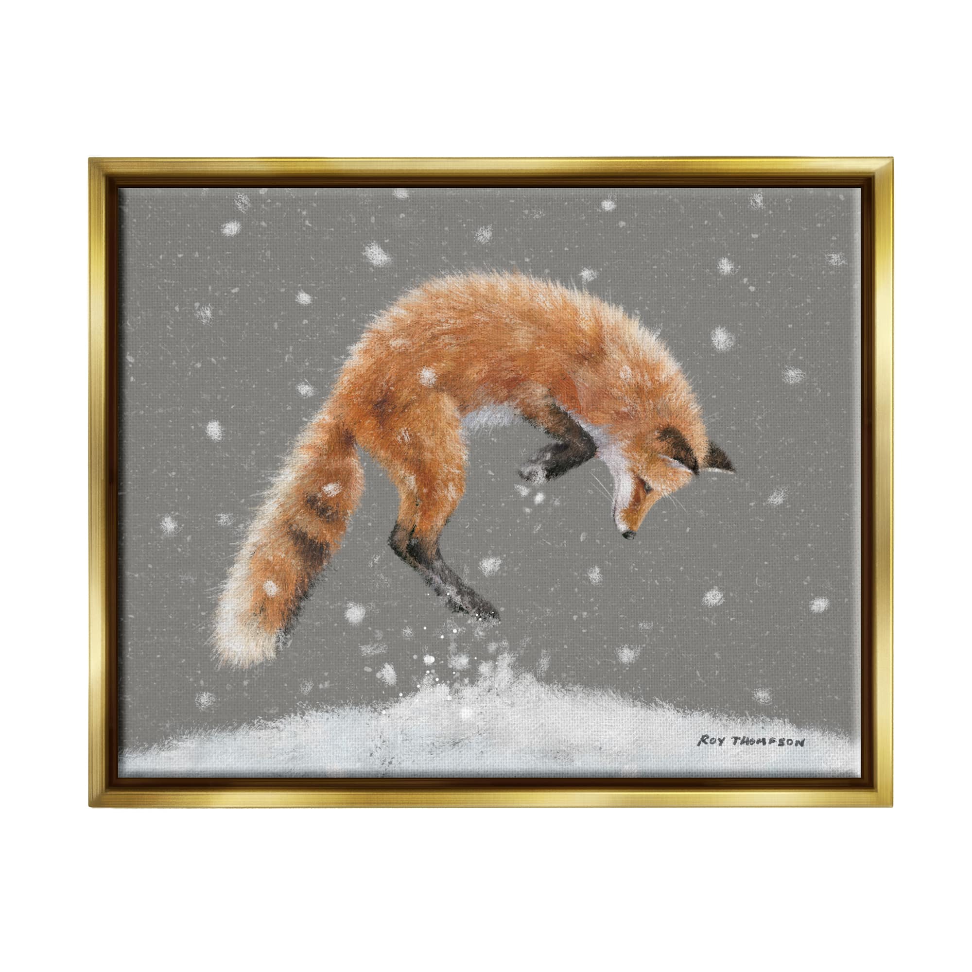 Stupell Industries Jumping Fox Winter Snowfall Framed Floater Canvas Wall Art