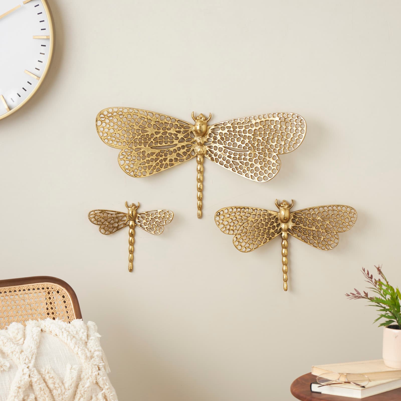Gold Aluminum Dragonfly Wall Decor with Spotted Cutout Wings, Set of 3